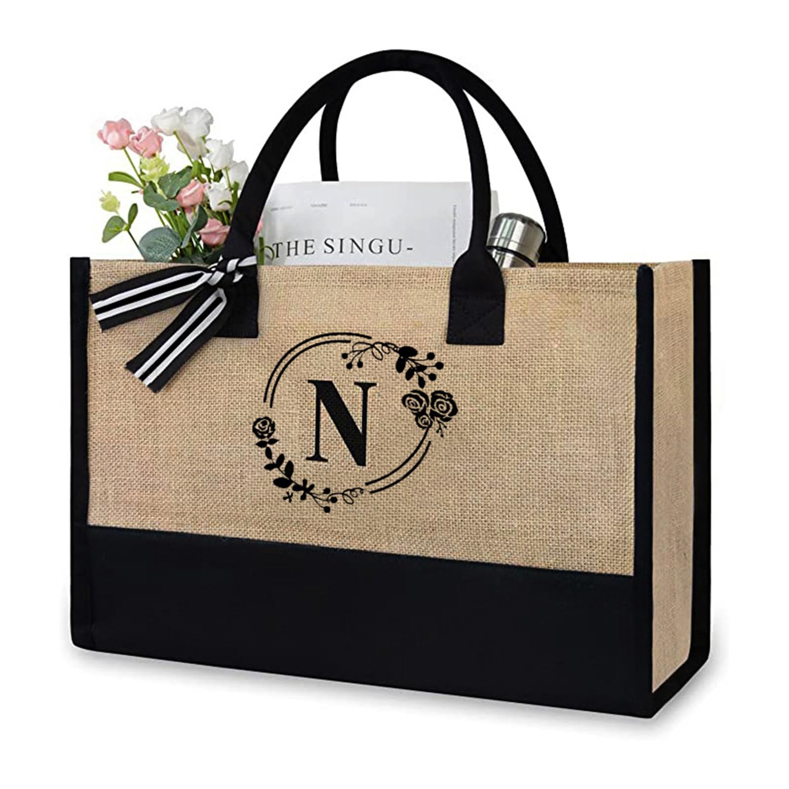 soulnioi Cotton Jute Tote Bag Reusable Shopping Bag, Personalized Flowers Letters Printed Bag for Women/Men