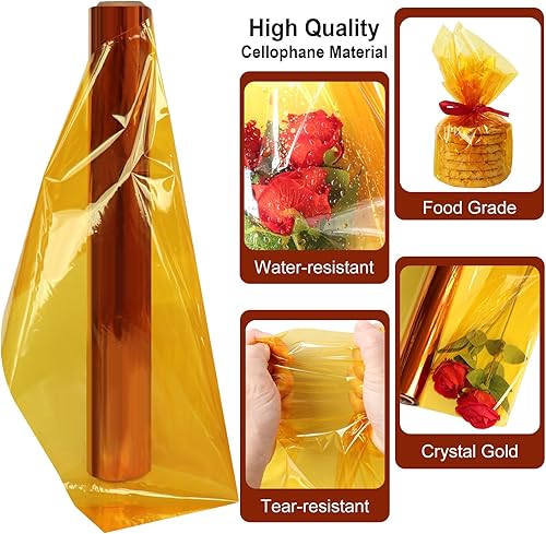 Miniatura 3 de SYOGUA Rollo de celofán dorado de 34 pulgadas x 100 pies, rollo de celofán dorado transparente, papel de celofán de Halloween, plástico de envoltura