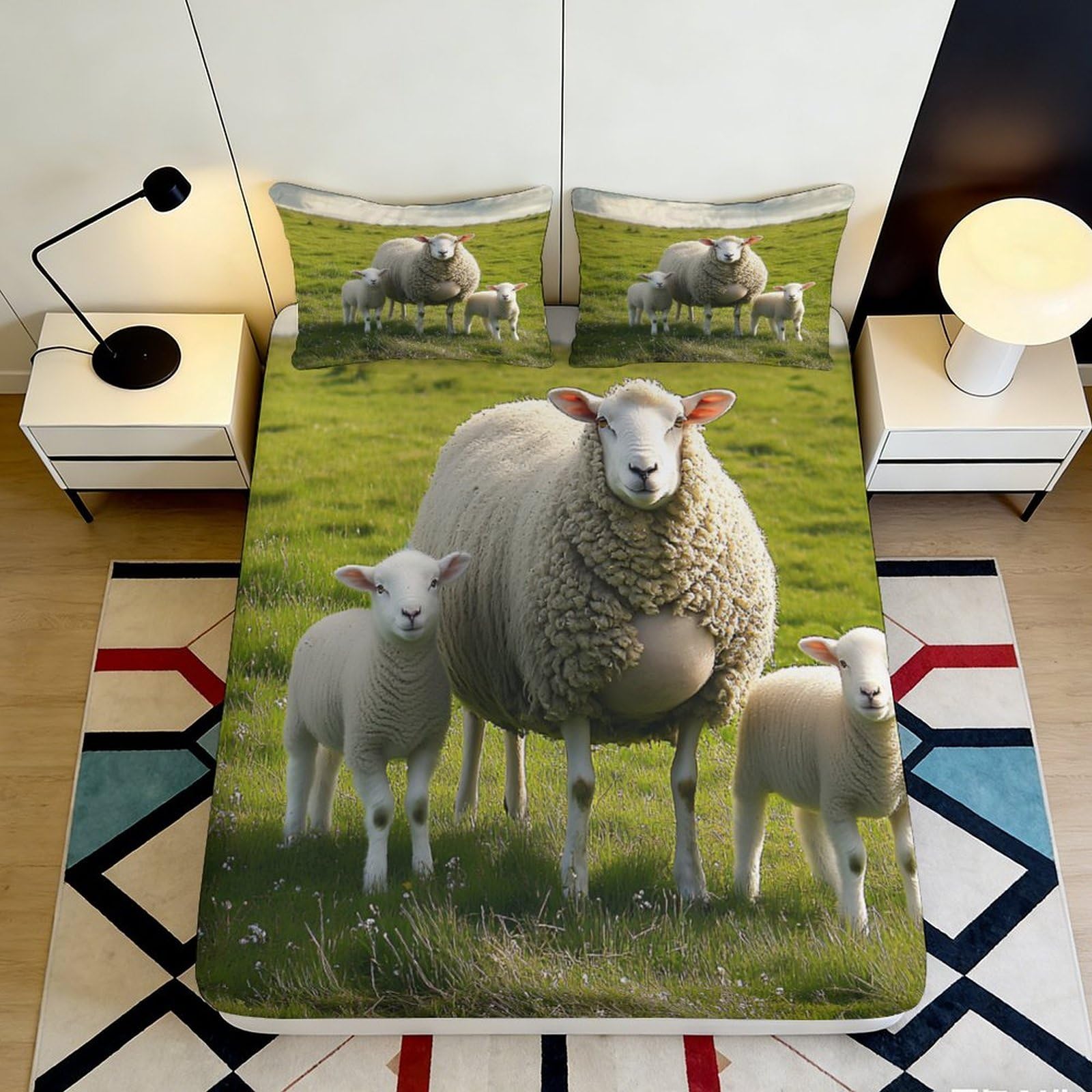 3D Printed Sheep Pastoral Fitted Sheet Microfiber Anti-Slip Mattress Cover Lamb Meadow Bed Sheet Bedroom Decor 90x200x25cm