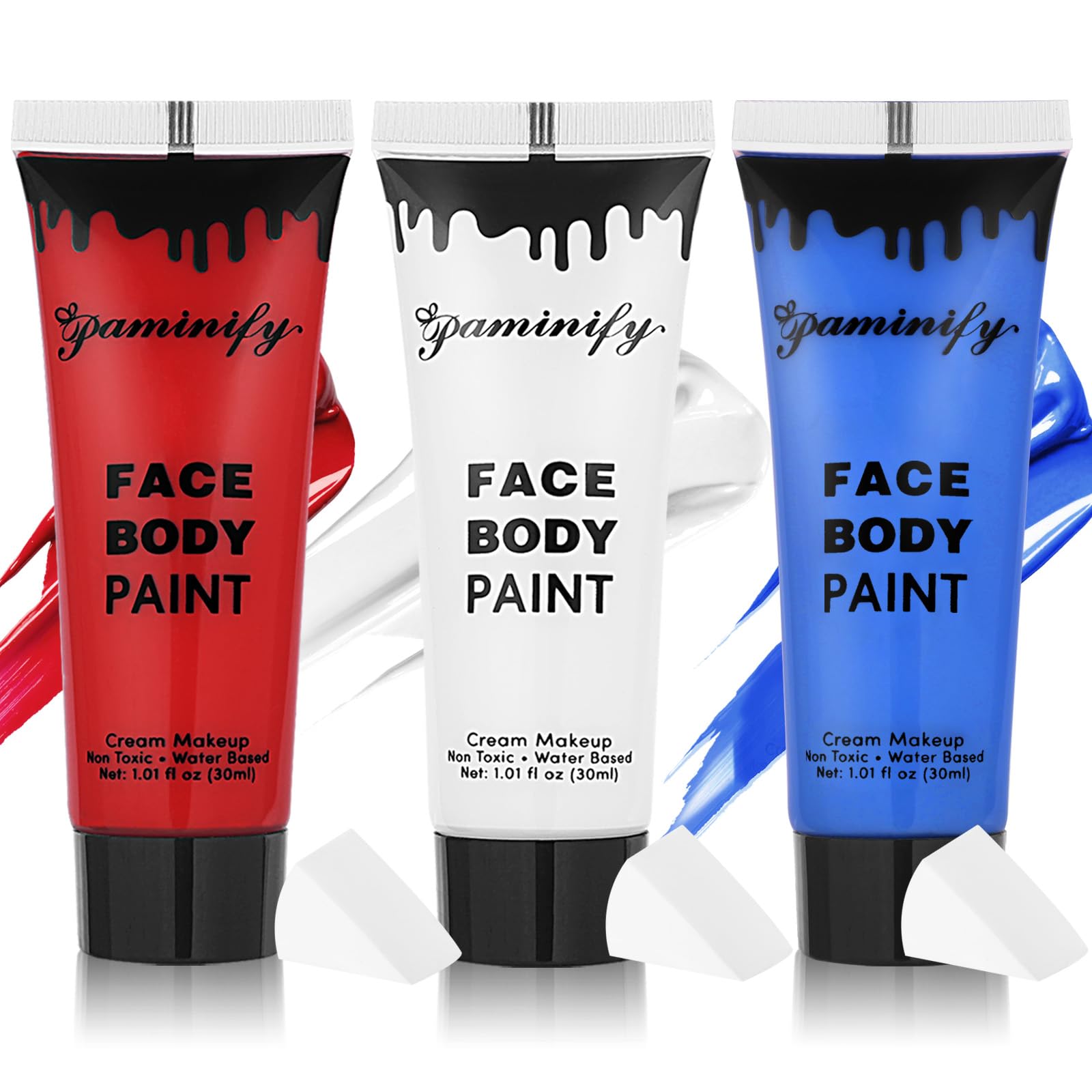 Red White Blue Face Paint Kit for Independence Day,4th of July USA Patriotic 1.01oz/pc Flag Body Paint with sponges for Sport Game,Halloween Face Painting for Joker Clown Devil Costume red+white+blue