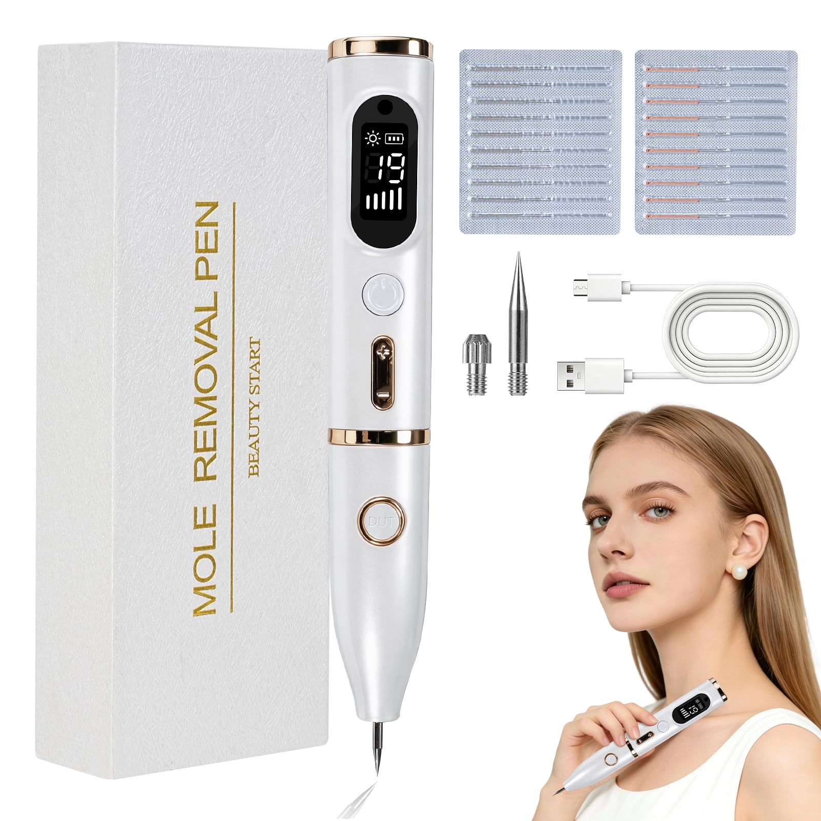 Enlèvement de Grains de Beauté Dissolvant Traitement Verrues Plasma Électrique Removal Pen avec 19 Niveaux de Puissance & LCD USB rechargeable pour Grains de Beauté, Verrues, Taches de Rousseur - 1