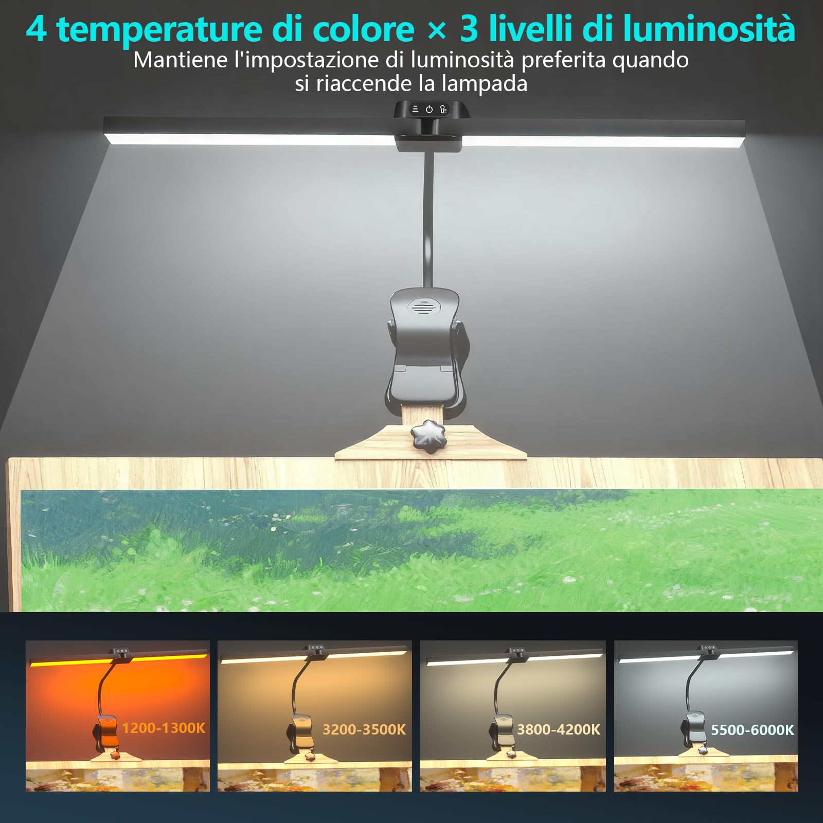 Luce da cavalletto ricaricabile a clip per artisti pittura, 64 LED 4 modalità di colore, 3 luminosità, lampada da scrivania per la cura degli occhi, lampada da cavalletto per pittura, disegno