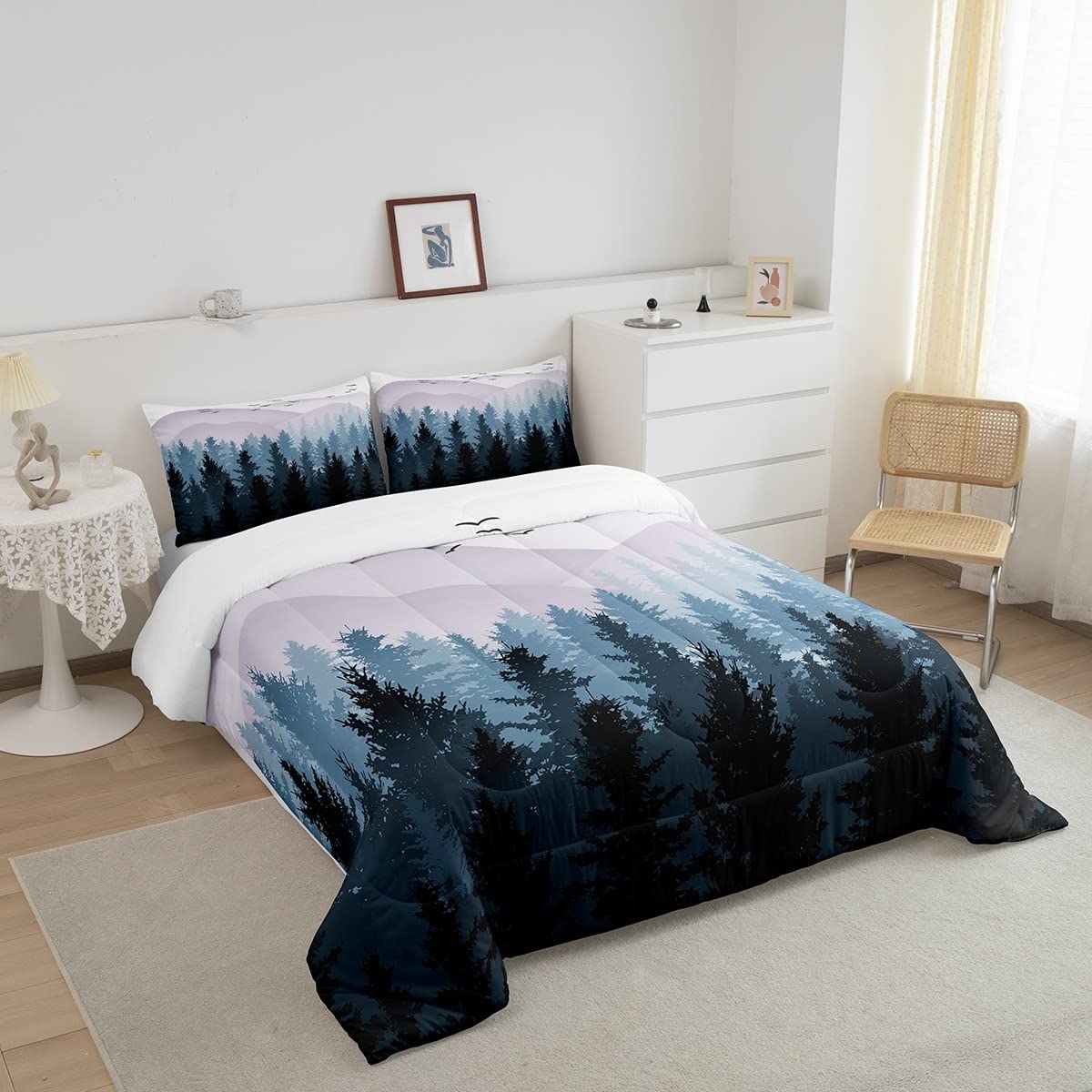 Feelyou Kids Nature Comforter Blue White Tree Mountain Comforter Set Twin Size for Women Men Natural WoodlDecor Bedding Set Wild Comforter with 1 Pillow Case Boys