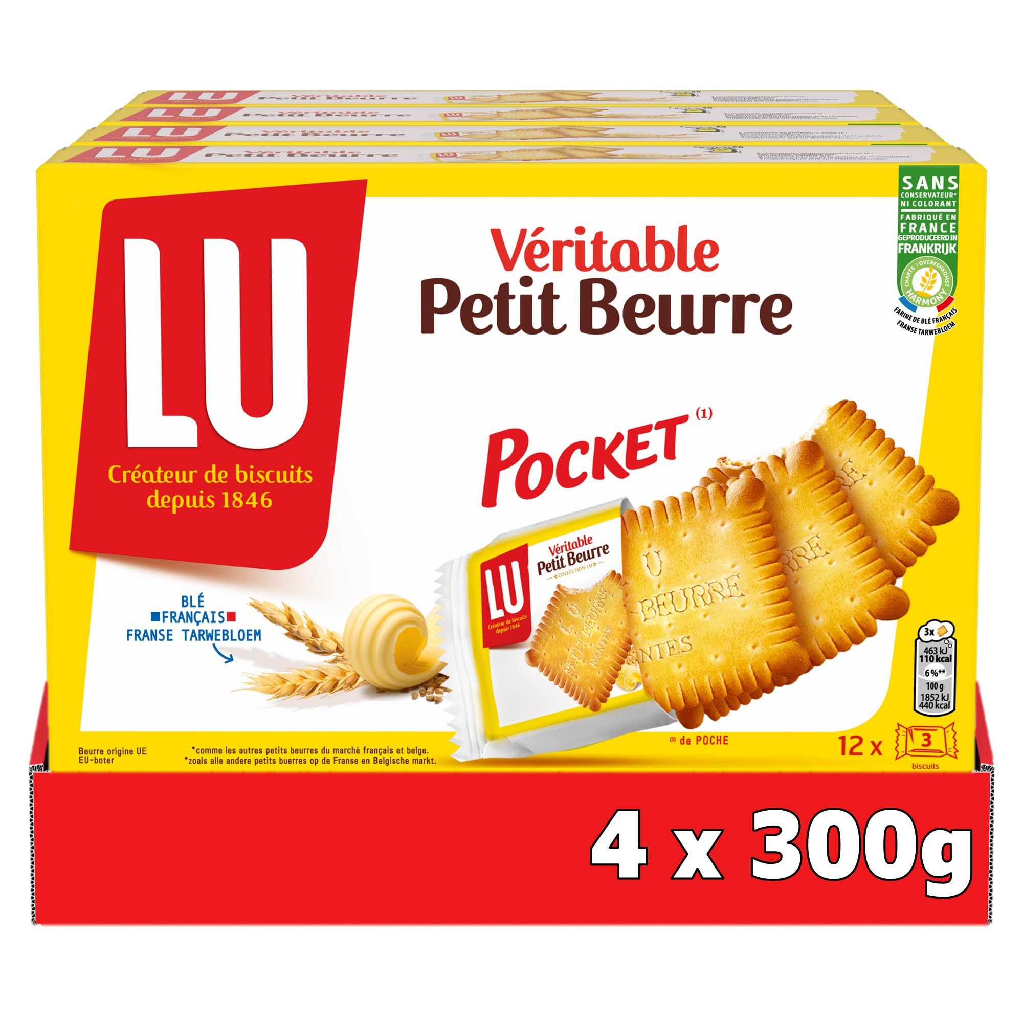 LU - Genuine Petit Beurre Pocket - 4 scatole da 12 sacchetti da 3 biscotti Petit Beurre - Set di biscotti in sacchetti singoli - Ideale per uno spuntino gourmet per bambini - Set di 4x300g