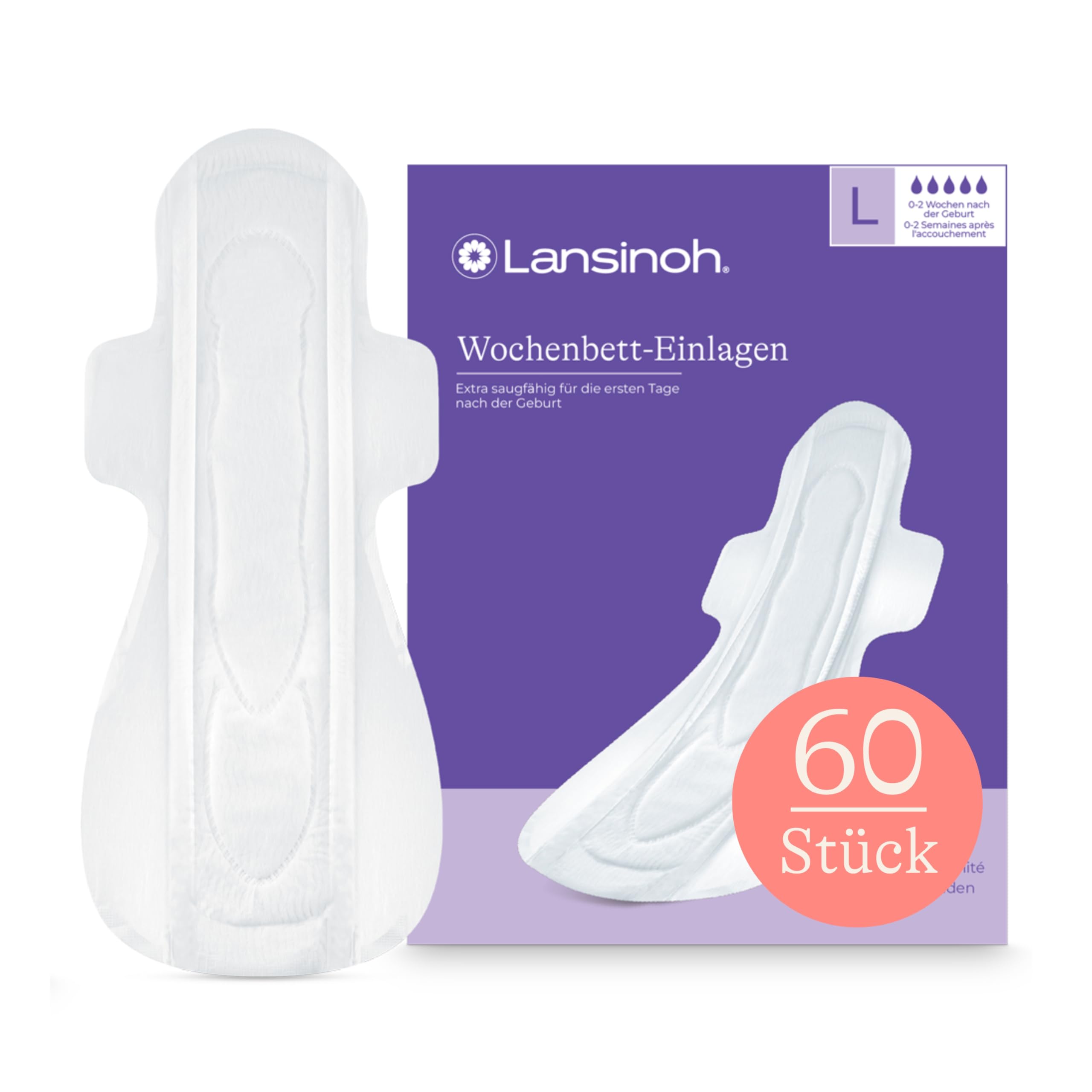 Lansinoh Wochenbett-Einlagen - 60 Stück - extra saugfähig & atmungsaktiv - Wochenbett Binden für starken Wochenfluss & die ersten Tage nach der Geburt