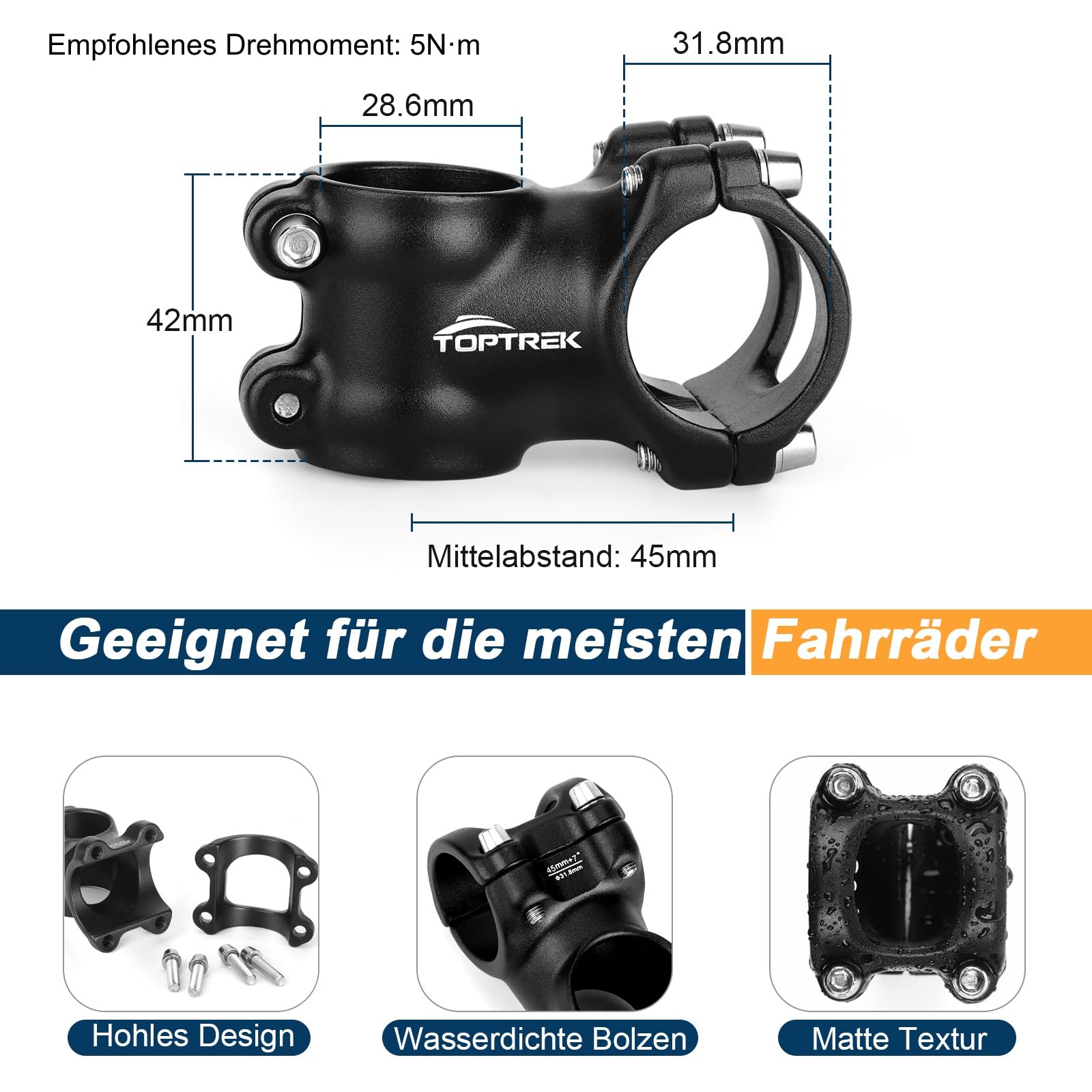 toptrek Attacco manubrio bicicletta 31,8 mm, manubrio mountain bike, 35 mm/45 mm/60 mm/70 mm, attacco manubrio 7° in lega di alluminio, manubrio leggero, manubrio della bicicletta, per MTB, BMX, bici