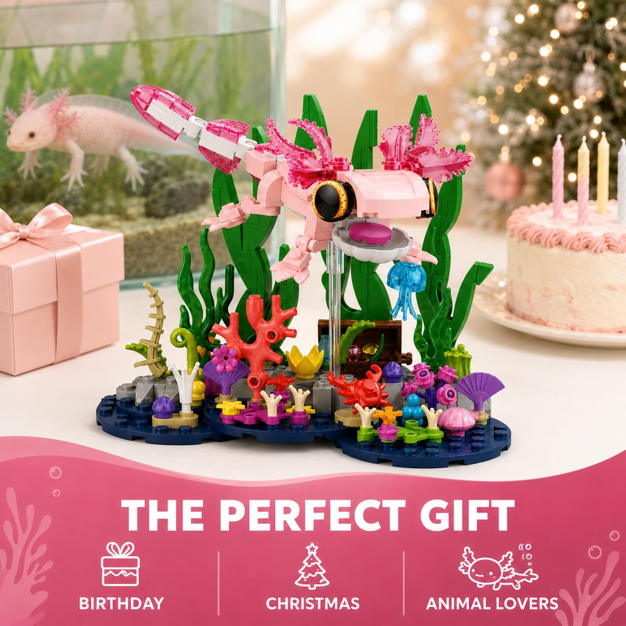 Axolotl Giocattolo da costruzione, carino rosa Axolotl subacqueo acquario | Con Axolotl mobile, scrigno nascosto, scena corallo, idea regalo per compleanno Natale