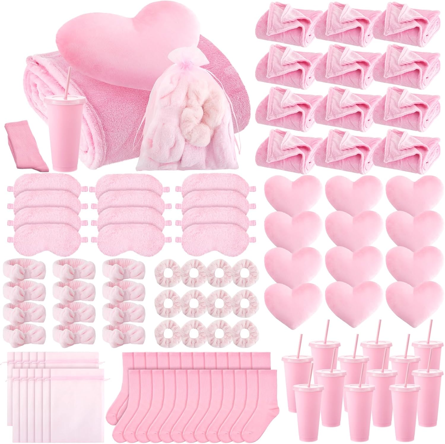 96 Pcs Sleepover Party Supplies Pink Spa Birthday Slumber Pajamas Night Galentines Day Party Favors Decoration 12 Pack Throw Blanket, Pillow, Headband, Scrunchies, Eye Mask, Cup, Socks