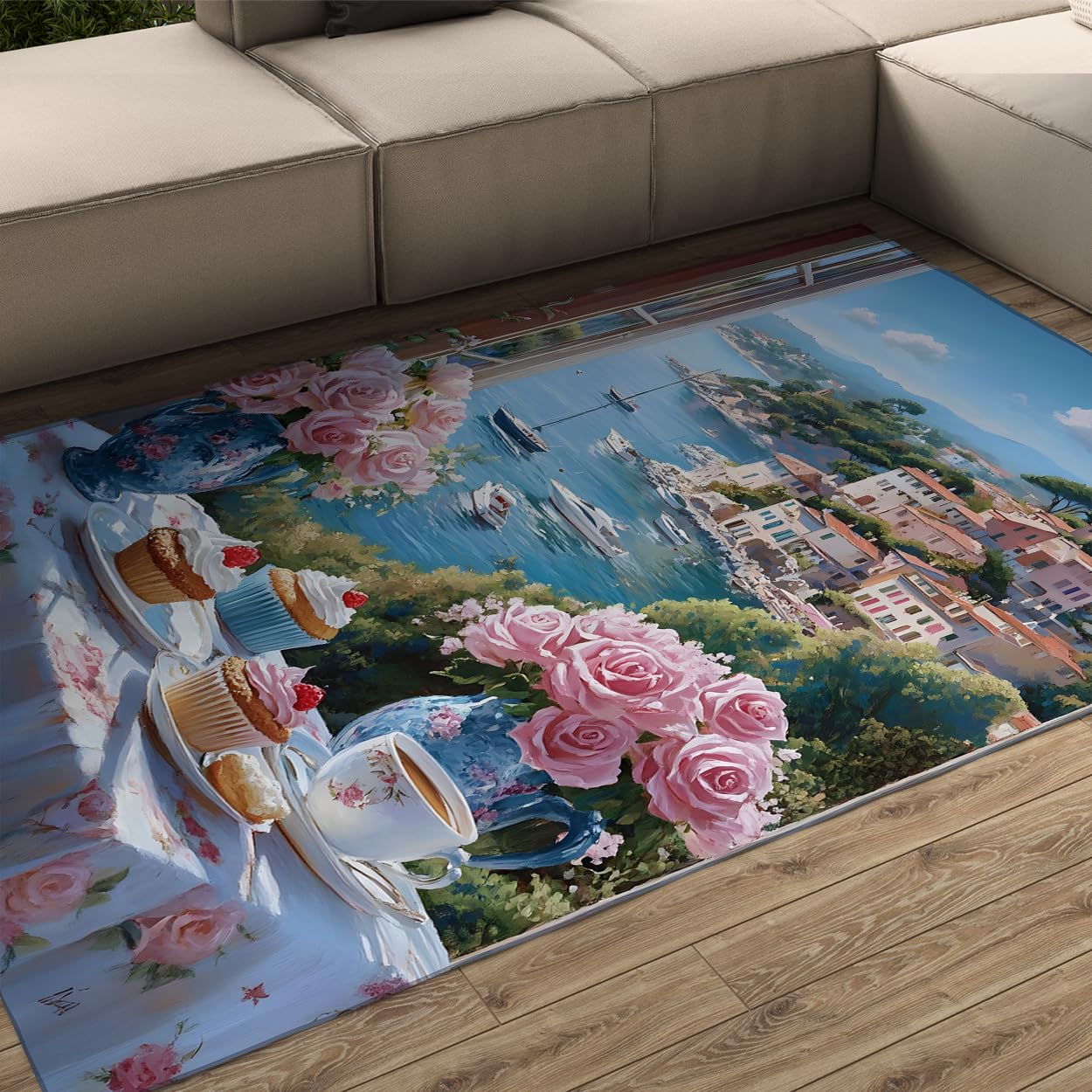 Tapis de chambre lavable rose pour un thé de l'après-midi cocooning