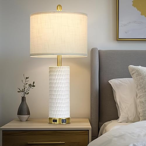 Miniatura 8 de Juego de 2 lámparas de cerámica blanca de 27 pulgadas para sala de estar, lámpara de mesa de cerámica táctil regulable de 3 vías para dormitorio,