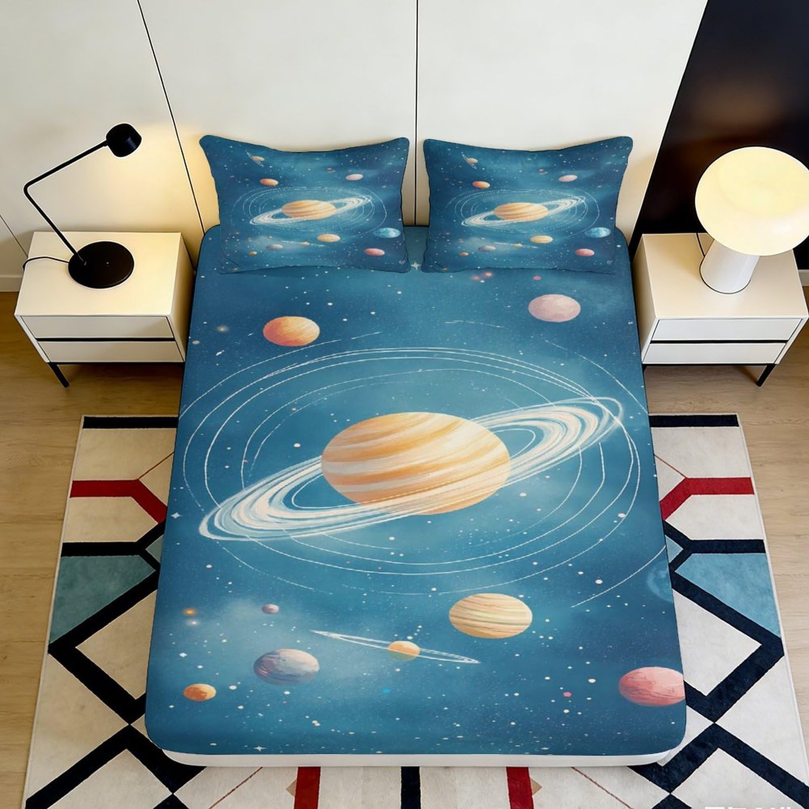 3D Printed Planet Saturn Fitted Sheet Microfiber Soft Breathable Solar System Bed Cover for Bedroom Guest Room Decor 90x200x25cm