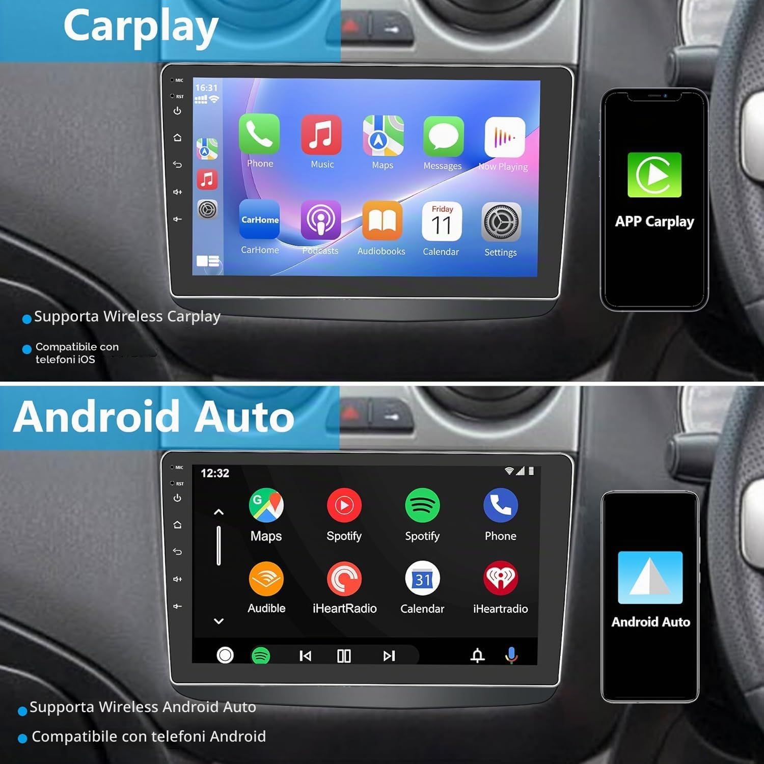 Autoradio 2 DIN per Alfa Romeo Mito 2008-2019 Wireless Carplay Android Auto Touchscreen da 9" con Stereo Auto Bluetooth Navigatore/Telecamera Posteriore/WiFi/Miror Link/Mic/FM/SWC