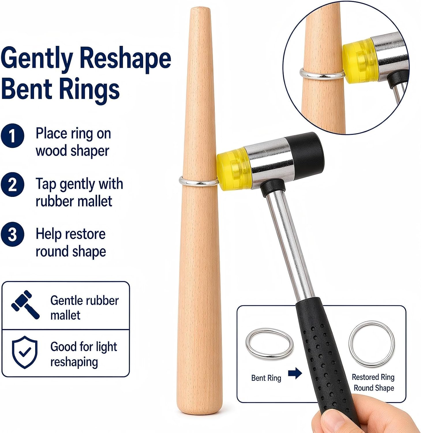 HEYMOUS Ring Mandrel Metal Ring Sizer Set with Jewelry Rubber Mallet Hammer Rings Size Measuring Tools Finger Gauge Wood Ring Shaper Tool Jeweler's Repair Kit