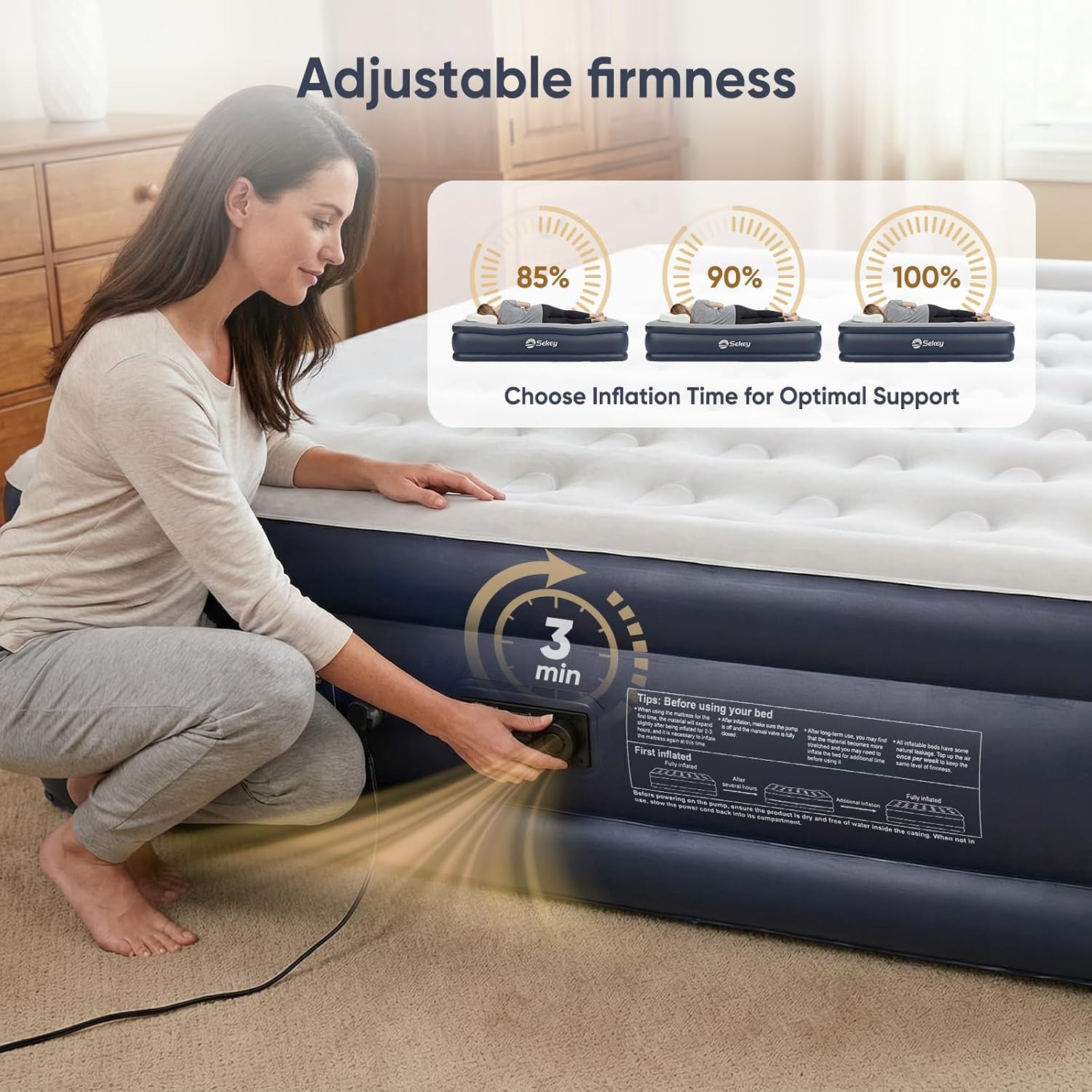 Sekey Luxury King Size Air Mattress with Built-in High-Speed Pump Best for Home, Camping & Guests, 20" Double High Airbed Adjustable Blow Up Mattress, Waterproof