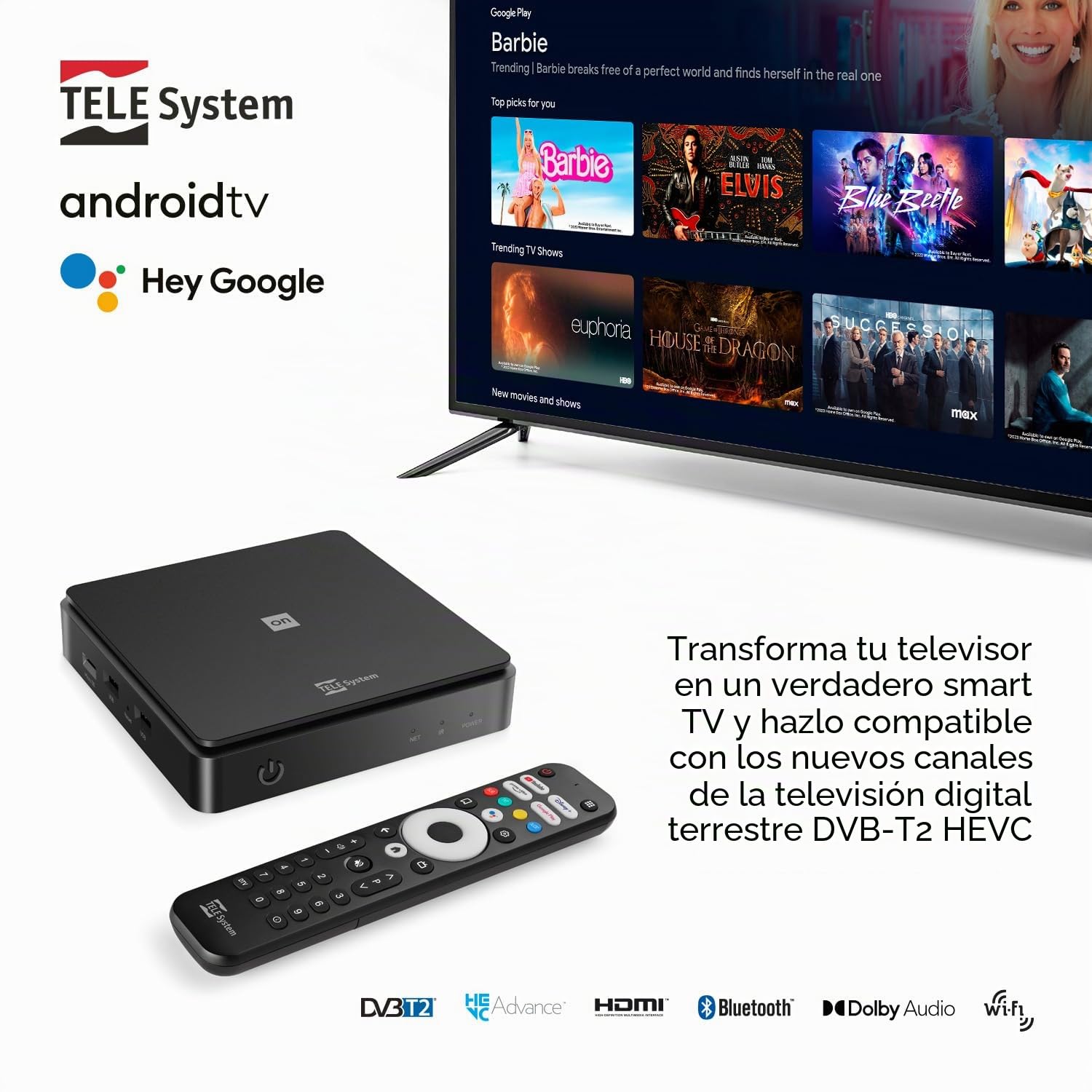 TELE System ON T2 HD: Decodificador Digital terrestre Android TV, Smart TV Upgrade, Sintonizador DVB-T2 HEVC HDR10+ HLG, HDMI, Adaptador SCART Incluido - Certificado por Google
