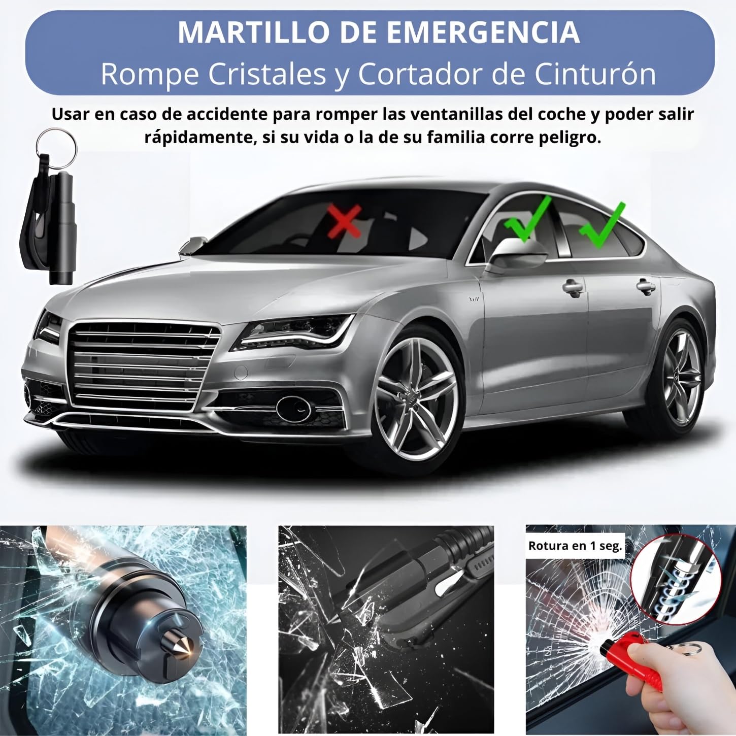 Botiquín de Primeros Auxilios 96 Piezas - Kit de Seguridad para Coche con Martillo Emergencia y Cortador de Cinturón - Estuche Rígido Impermeable