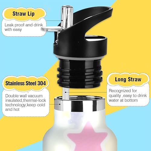 Miniatura 3 de Gradient Rainbow Star - Botella de agua para niños a prueba de fugas y sin BPA con tapa con pajilla, doble pared aislada al vacío para deportes,
