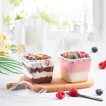 50 Pack Dessert Cups with Lid, 360ml/12oz Clear Plastic Parfait Cups with Spoons, Cheesecake Pots, Reusable Dessert Cups for Pudding, Fruit, Mousse and Ice Cream
