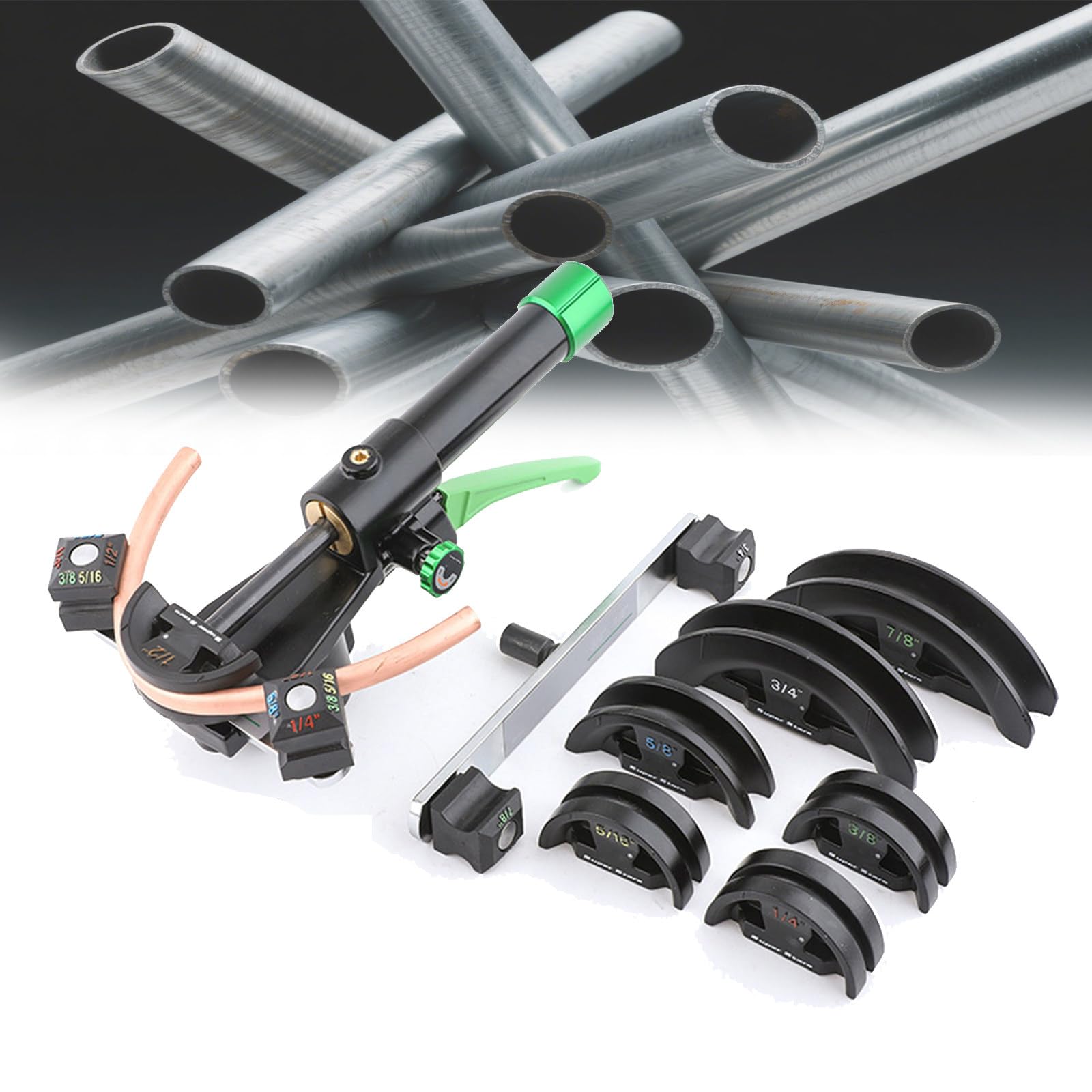 JXYQ Manual Hydraulic Pipe Bender Kit with 7 Dies for HVAC, Brass, Aluminum, and Thin Steel Tubes, 90° Bending Tool
