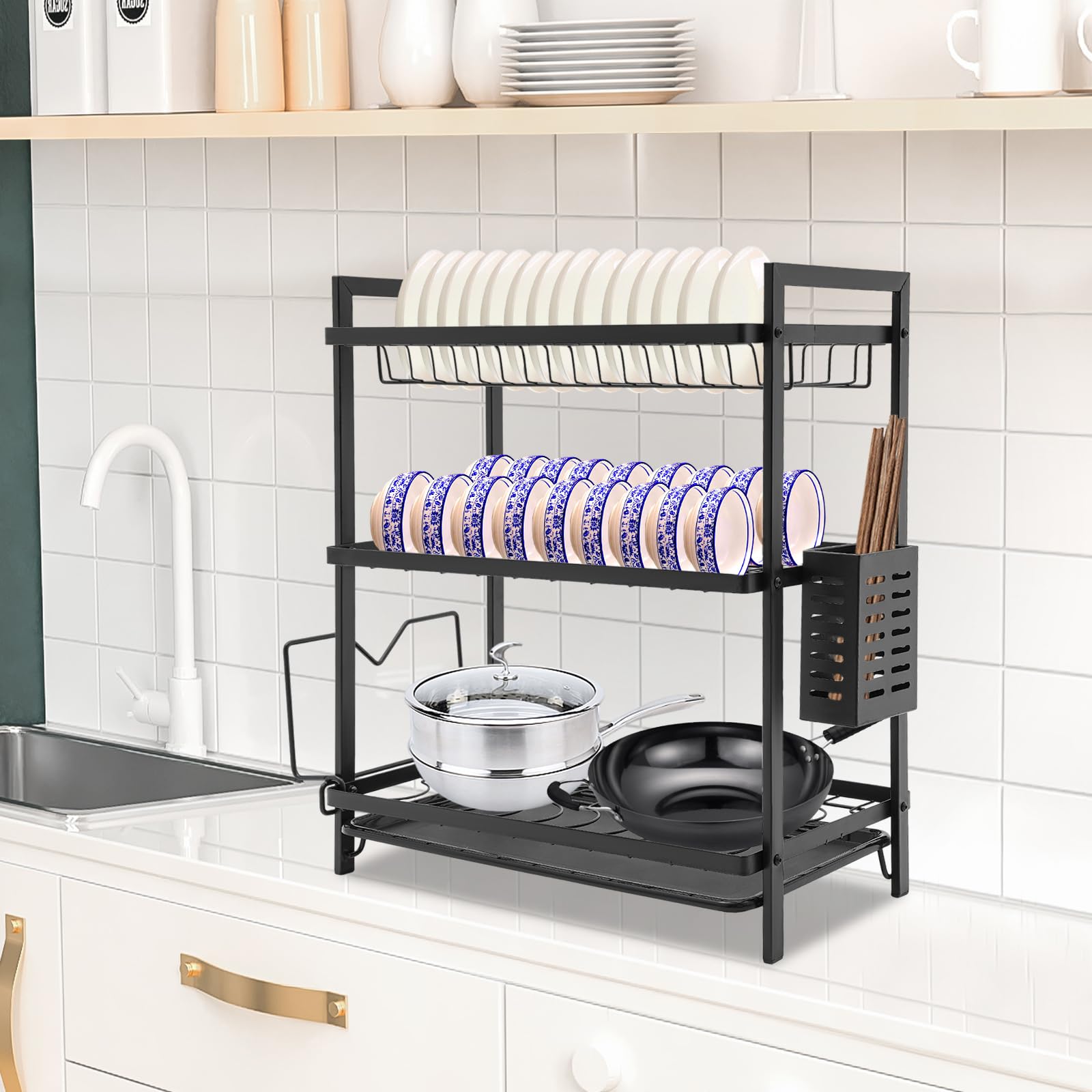 Escurreplatos de 3 niveles para colgar en la pared, con soporte para tabla de cortar, cesta para cubiertos, para platos, cuencos, especias