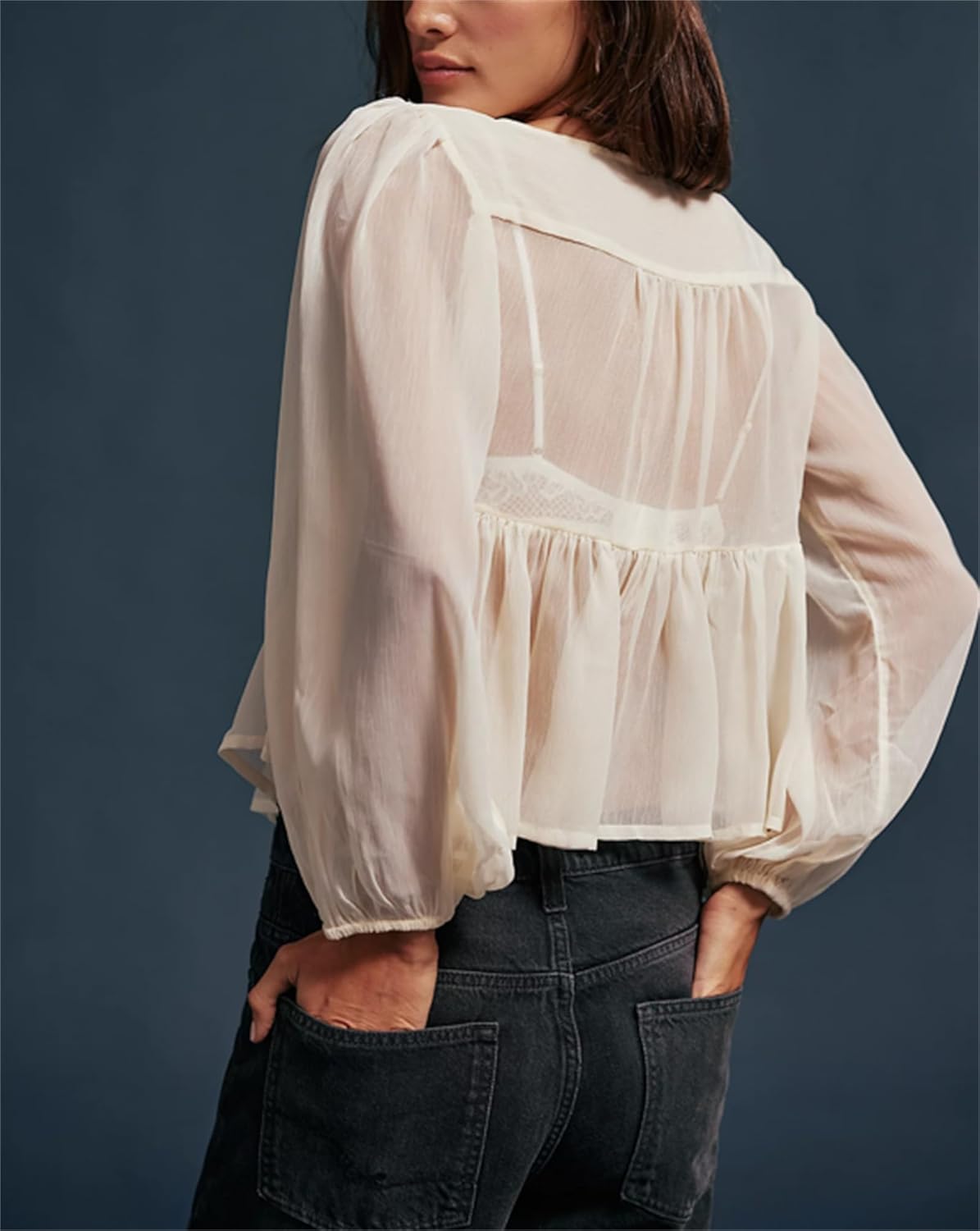 Women Mesh Sheer Shirt Poncho Tops Long Sleeve Ruffle Hem See Through Casual Chiffon Blouse Y2k Going Out Tops - Image 5