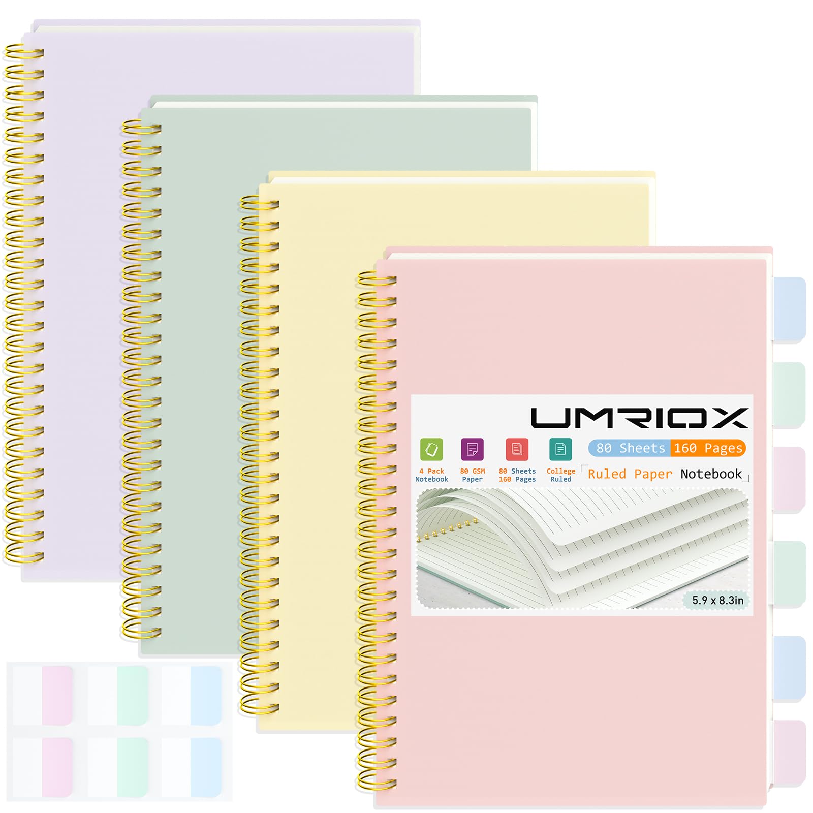 Umriox Small Spiral Notebook, 4 Pack 5.9" x 8.3" College Ruled Notebook, A5 Lined Notebook with Sticky Notes, Double-Wire Spiral Journal for Work, School