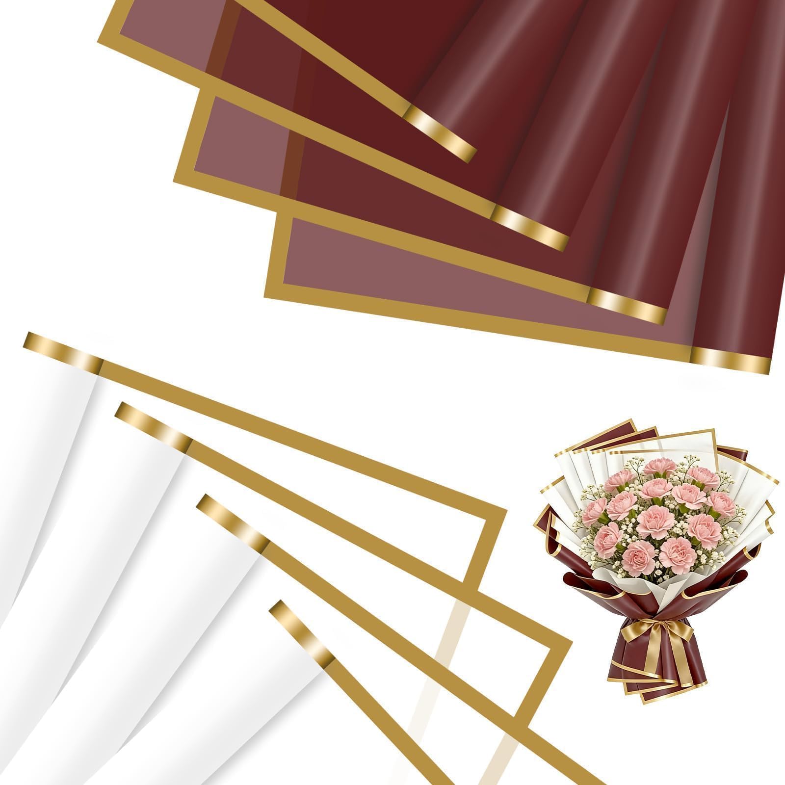 jwtyu 40 Sheets Flower Wrapping Paper White and Red Pear Bouquet Wrapping Paper Waterproof 22x22in Gold Edge for Florist Packaging Gift Box Decoration and DIY Crafts