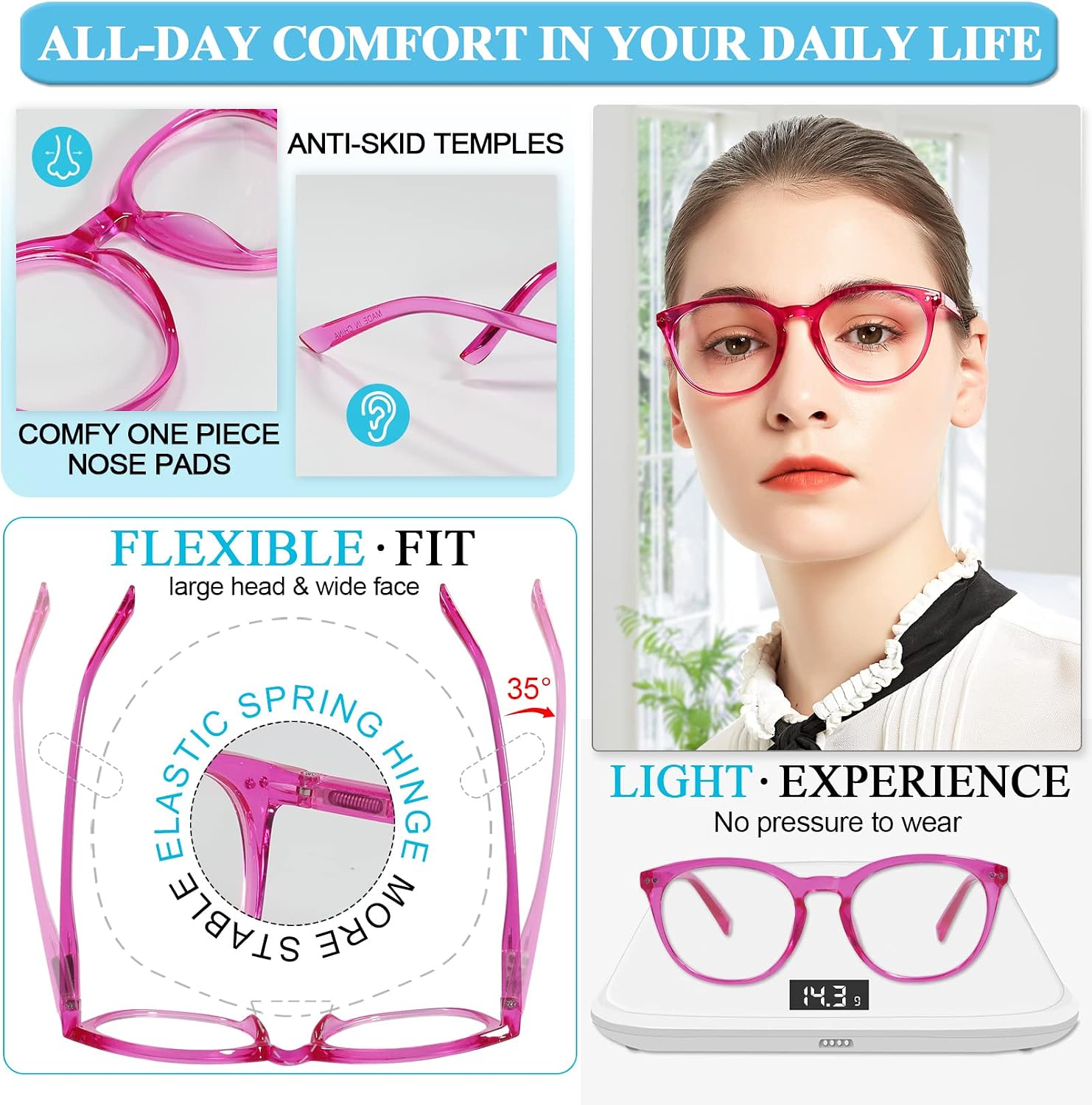 MARE AZZURO Reading Glasses Women's Cute Reader 0 1.0 1.25 1.5 1.75 2.0 2.25 2.5 2.75 3.0 3.5 4.0 5.0 6.0 (Pink 100)