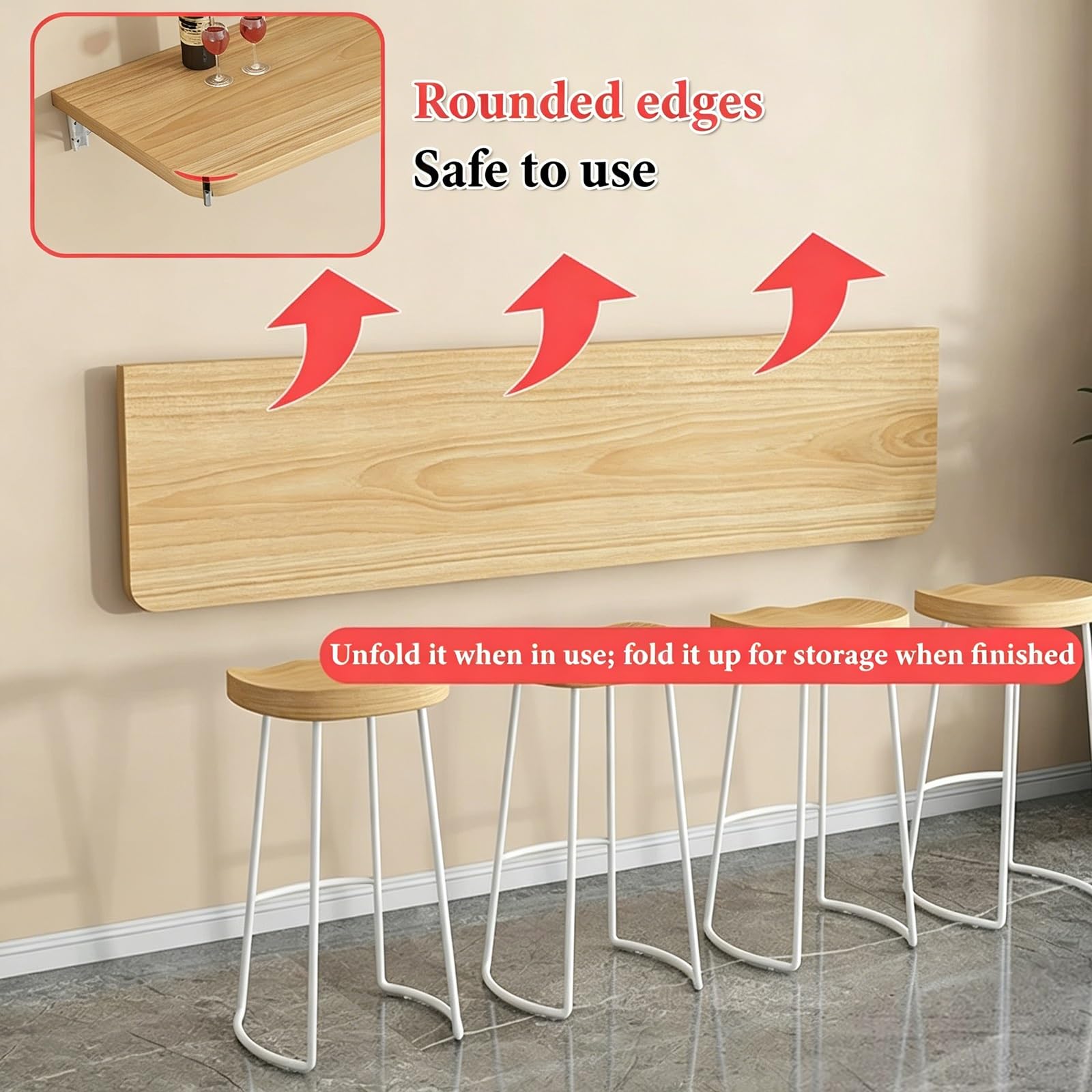 Bureau Mural Rabattable en Bois Massif Table Pliante Murale pour Petits Espaces Bureau Pliable Murals avec Support en Fer pour Maison et Bureaus Plan de Travail D'établi(80x35cm/31.5x13.8in)