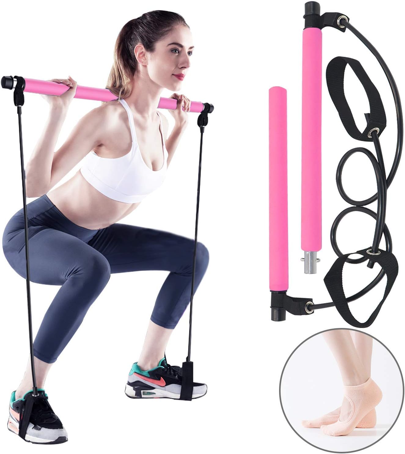 Portable Pilates Bar Kit, Yoga Pilates Stick with Resistance Band, Home Gym Pilates Yoga Exercise Bar with Foot Loop for Total Body Workout, with Yoga Socks (Pink)