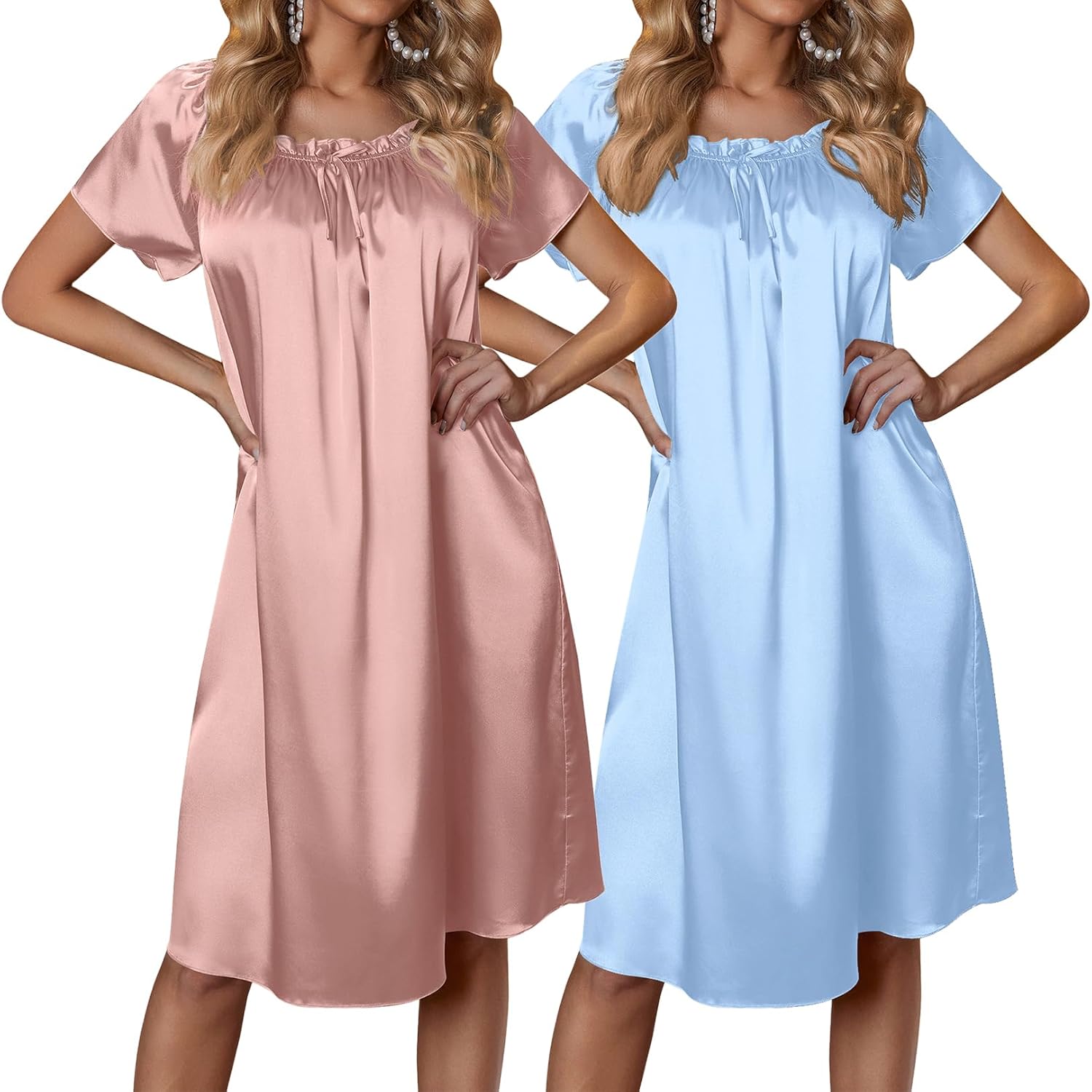 Ekouaer Satin Nightgowns for Women 2 Pack Silk Nightgown Pleated Loose Night Shirts Short Sleeve Sleep Shirts