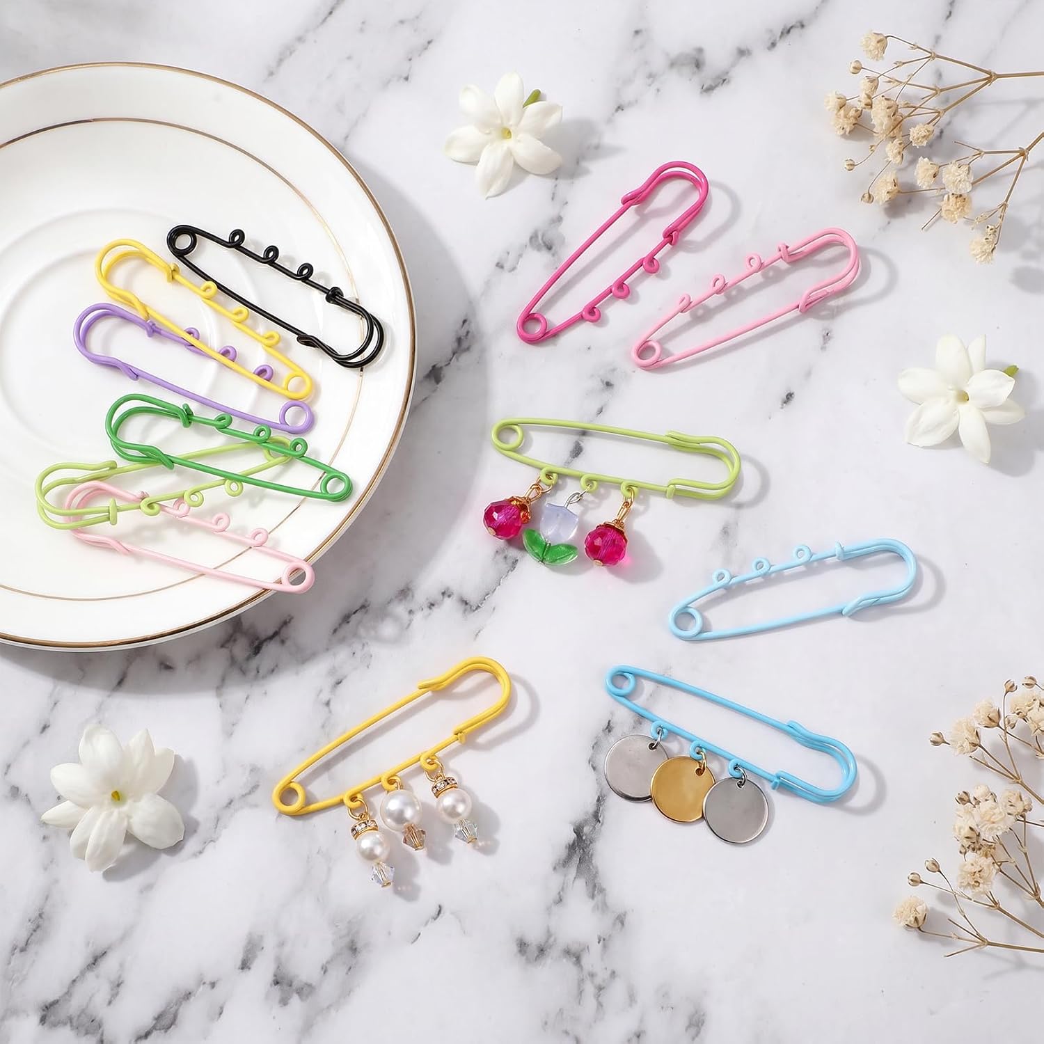 30PCS Colorful Safety Pins with Loops (2.36 Inch, Multicolor) | Safety Pin Brooch, Kilt Pins, Heavy Duty Safety Pin Brooch with 3 Holes for Blankets, Clothes, DIY Craft