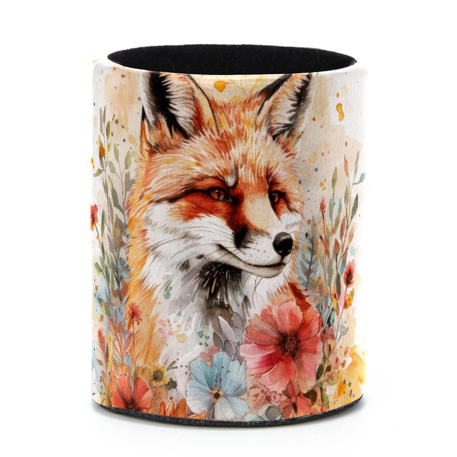 VAPOKF Round Pencil Holders for Desk, Watercolor Fox Flowers Pen Holders Pen Pot Makeup Brushes Storage Desktop Stationery Supplies Organiser for Home Office