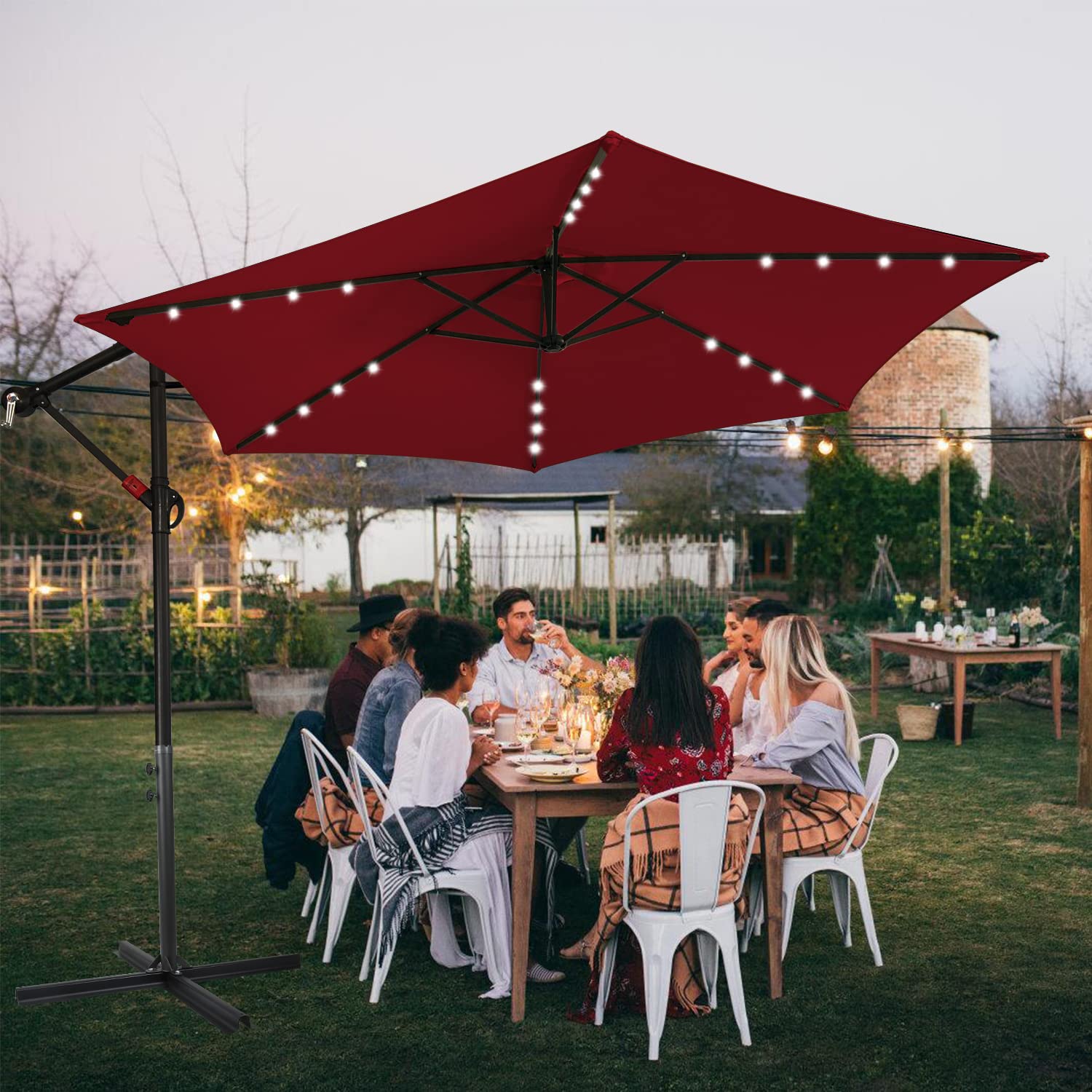 Sombrilla de 300 cm, grande, LED, solar, incluye manivela de aluminio con soporte, protección UV, impermeable, para balcón, jardín, terraza, color rojo, rojo, Ø300 cm mit LED…