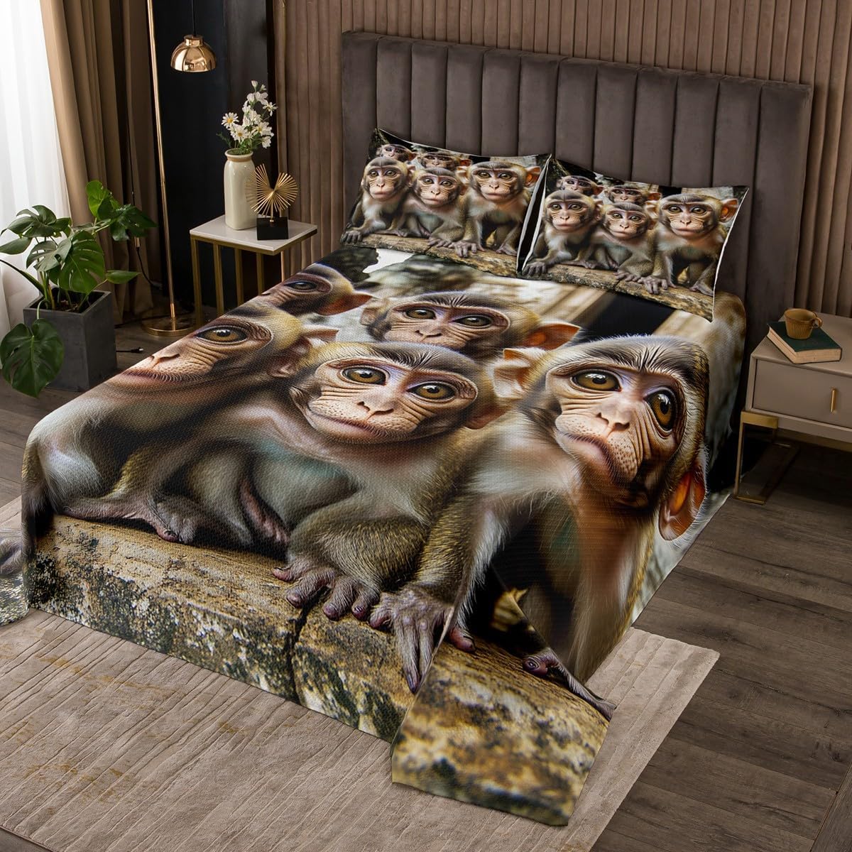 Erosebridal Monkey Kids Bedspread Queen Size Wildlife Coverlet Set for Boys Girls Youth,Vintage Streetscape Bedding Set Wild Safari Theme Quilt Set Soft Cozy Bedroom Decor