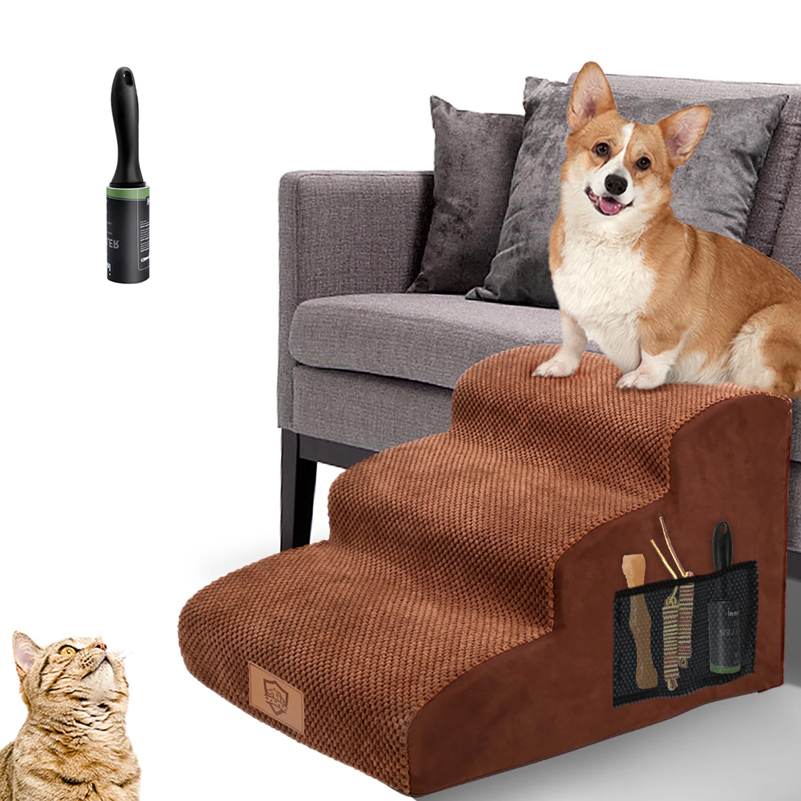 MASTERTOP Scale per Cani a 3 Gradini in Spugna, Scala Antiscivolo per Animali Domestici, Scaletta Inclinate Ccuccioli per Divano Letto con Fodera Rimovibile e Lavabile (Marrone)