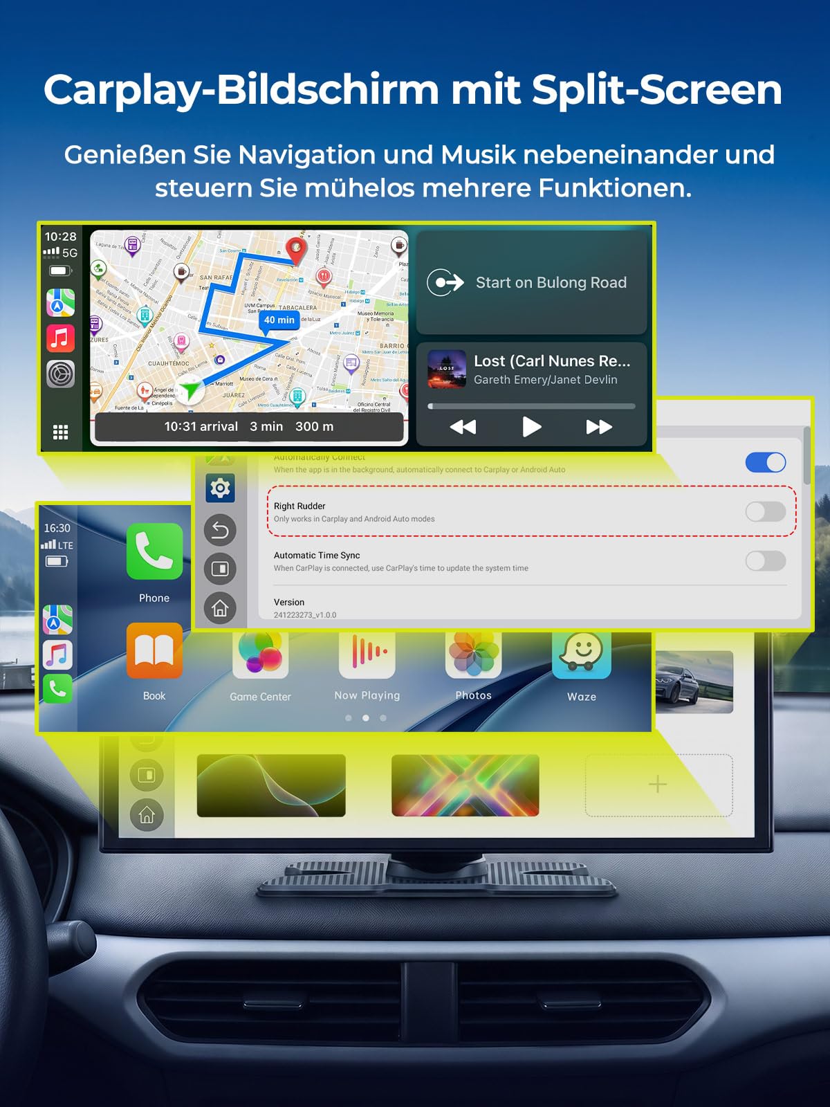 LAMTTO 10.25" CarPlay Display Android Auto mit Dashcam Auto 2.5K+1080P