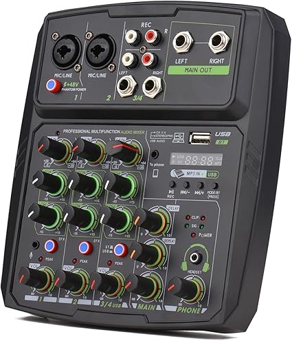 Amazon Co Jp オーディオミキサー 4チャンネルオーディオミキサーミキシングコンソールledスクリーンサウンドカードusb Bt接続 ホームスタジオレコーディングdjネットワークライブブロードキャストカラオケ用 色 Black Size One Size 楽器 音響機器