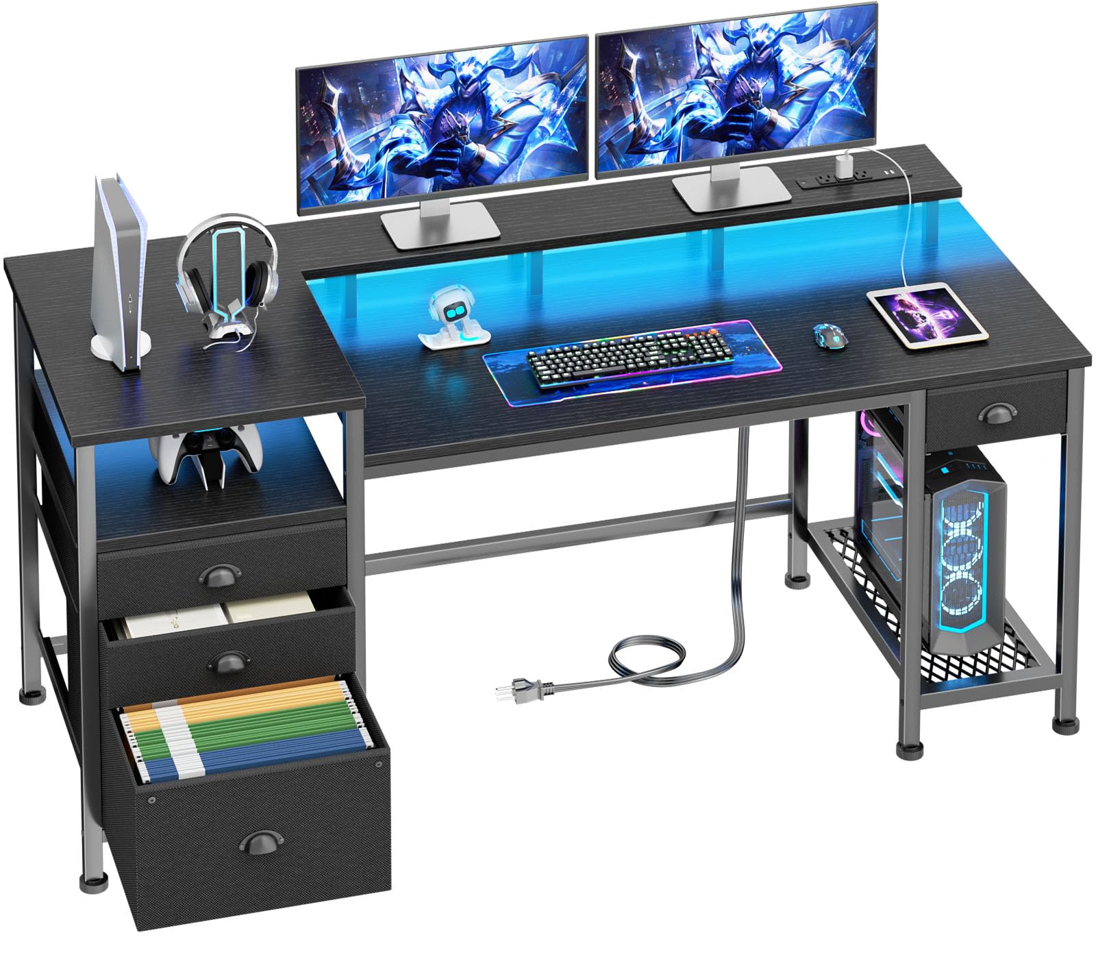 furologee 60" black computer desk with 4 drawers and printer space, gaming desk with led lights and usb power outlets, home office desk with fabric file cabinet,study work table with shelf for bedroom