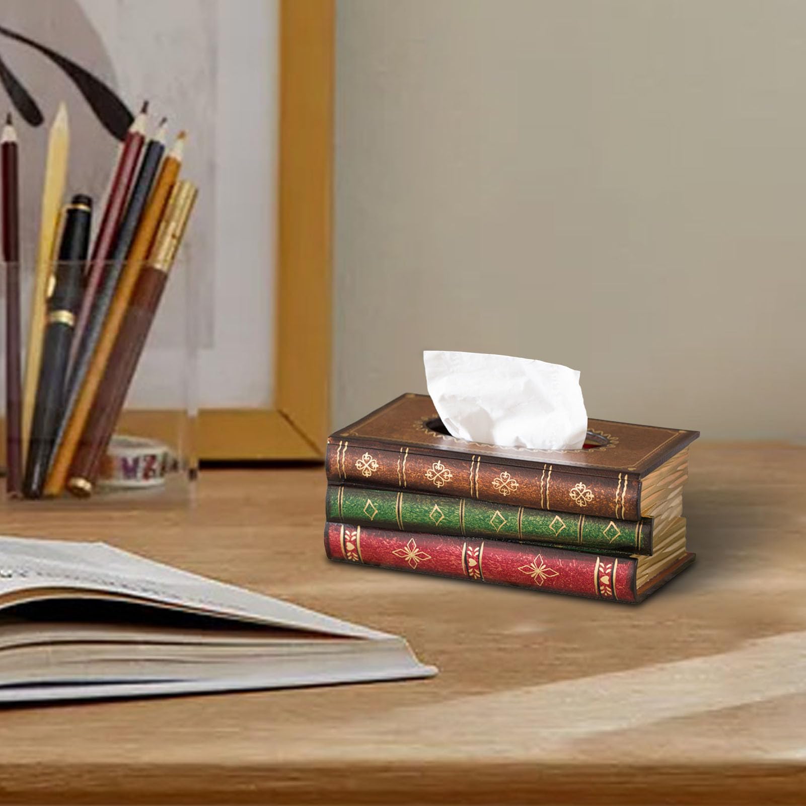 puzzlegame Antiker Buch Taschentuchbox Halter | Buchbox Taschentuchspender aus | Neuheit Eleganter antiker Serviettenhalter Taschentuchbox | Serviettenspender in Buchform für Auto, Heimdekoration