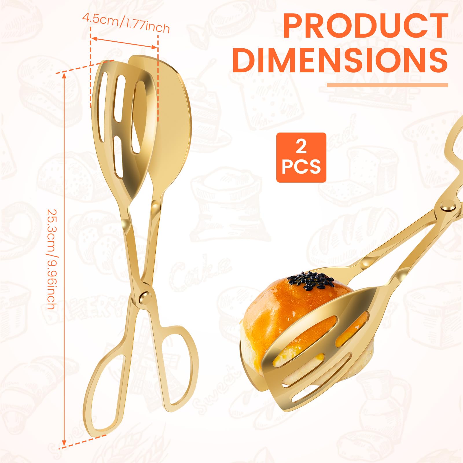 2 pinze da cucina in acciaio inox, ergonomiche in oro, 25,3 cm di lunghezza, anche come pinza per insalata, pinza da servizio, pinza per torte, pinza per pasta, pinza per salsicce, lavabile