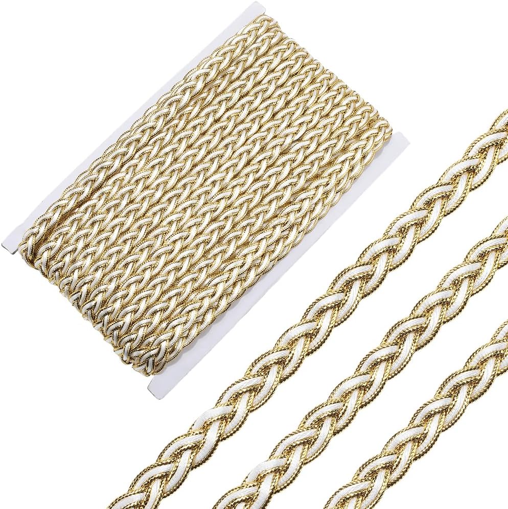 20 Yards White Gimp Braid Trim Gold Metallic Glitter Woven Braid Lace Trimming Polyester Upholstery Fabric Ribbon Bulk for Sewing Making Crafts Clothes Curtain Costume Wedding Desses DIY
