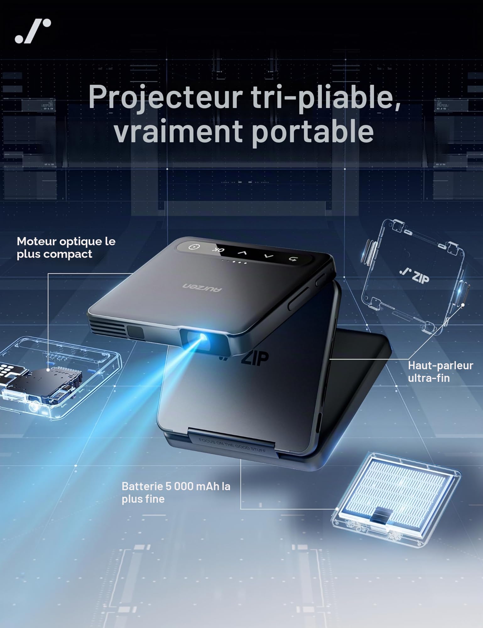 Aurzen Zip Tri-Fold Mini Vidéoprojecteur Portable avec Batterie, Gris