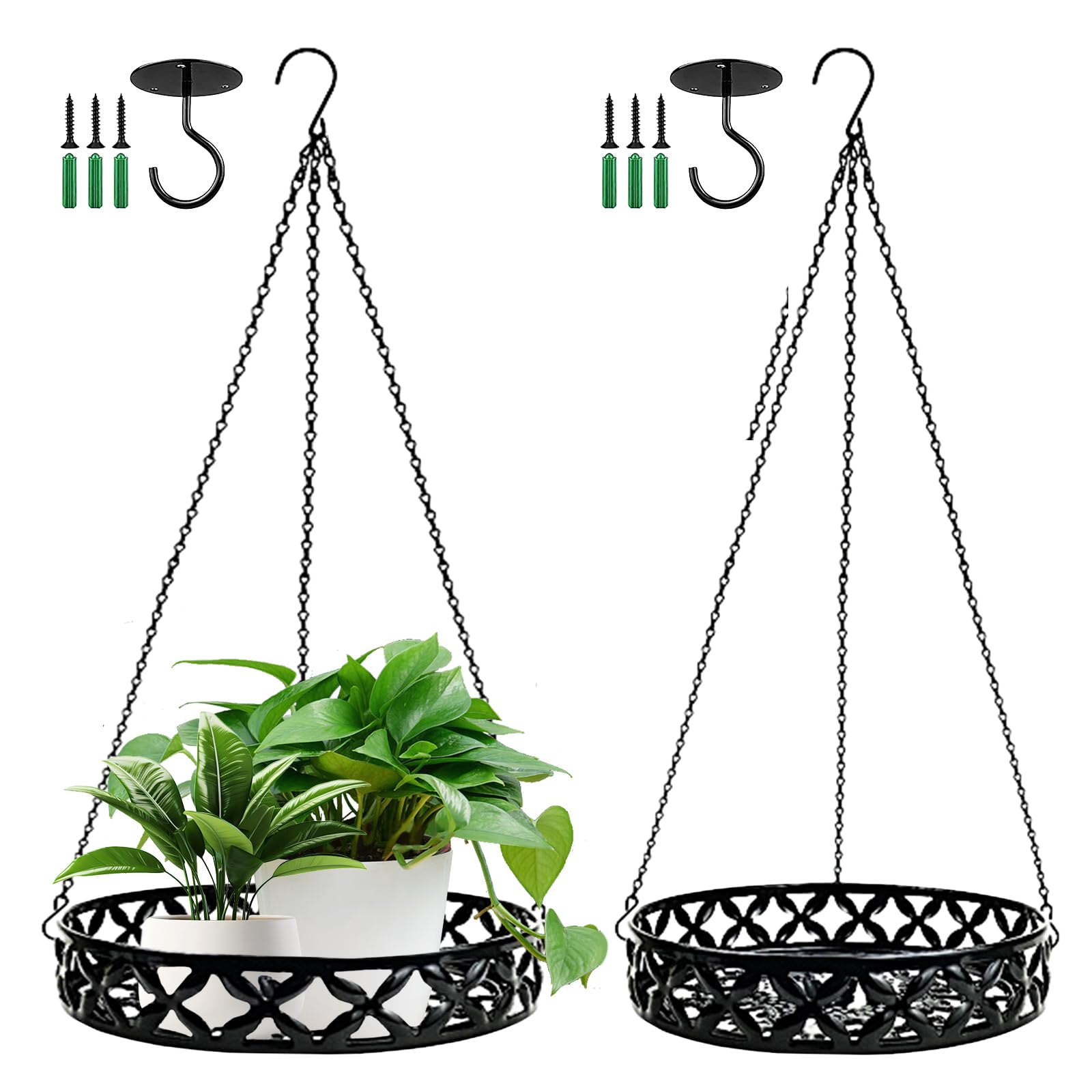 Jardinières Suspendues En Métal Noir,Panier De Fleurs À Suspendre En Métal Avec Crochet De Plafond,Chaîne De Suspension,Pots De Fleurs À Suspendre,Pot De Décoration A Suspendre Pour Plantes(22Cm,25Cm)