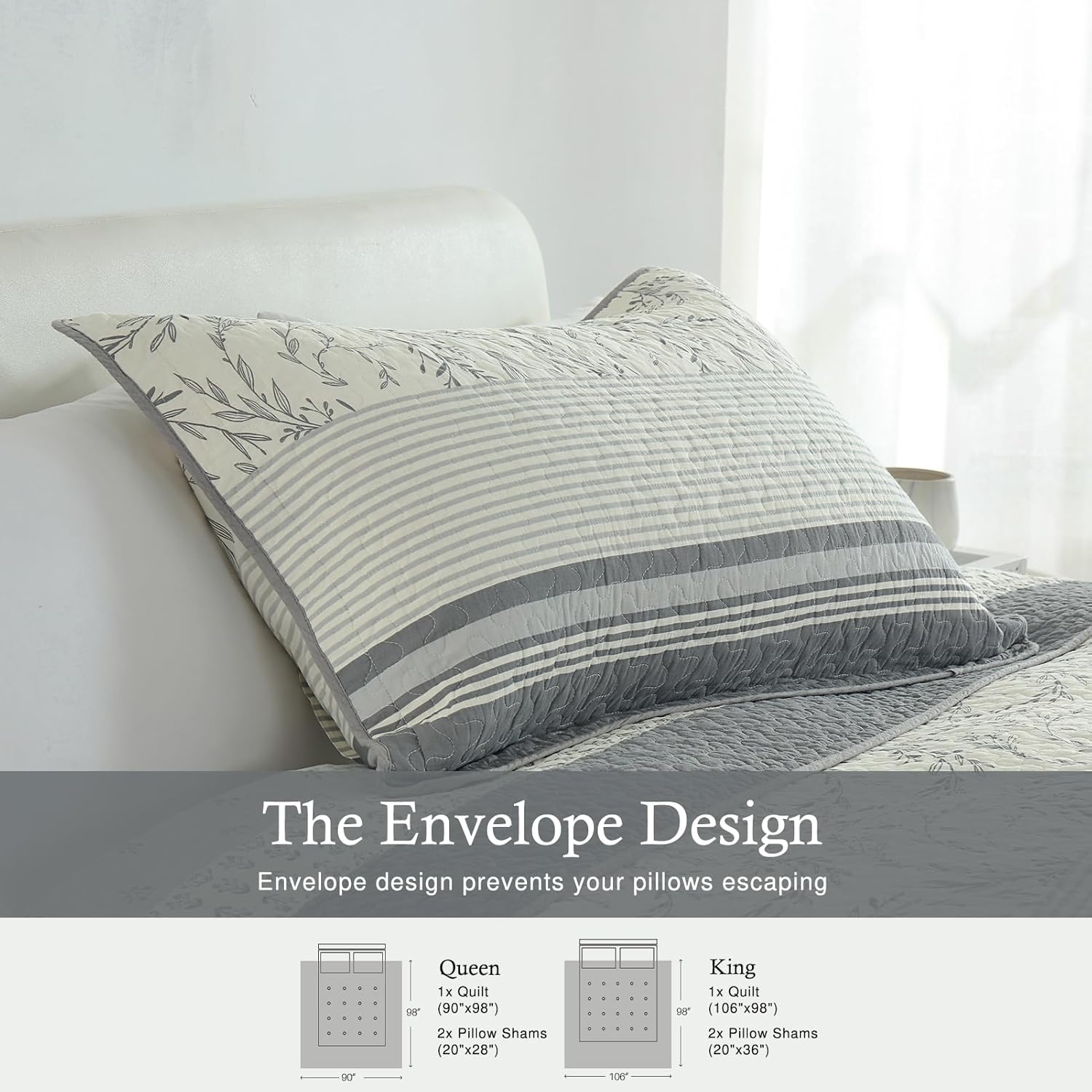 Grey Quilts Queen Size - 100% Cotton Quilted Bedding Set for Queen Bed, Lightweight Soft Bedspread with 2 Pillow Shams, Farmhouse Striped Floral Coverlet for All Season, 3 Pieces