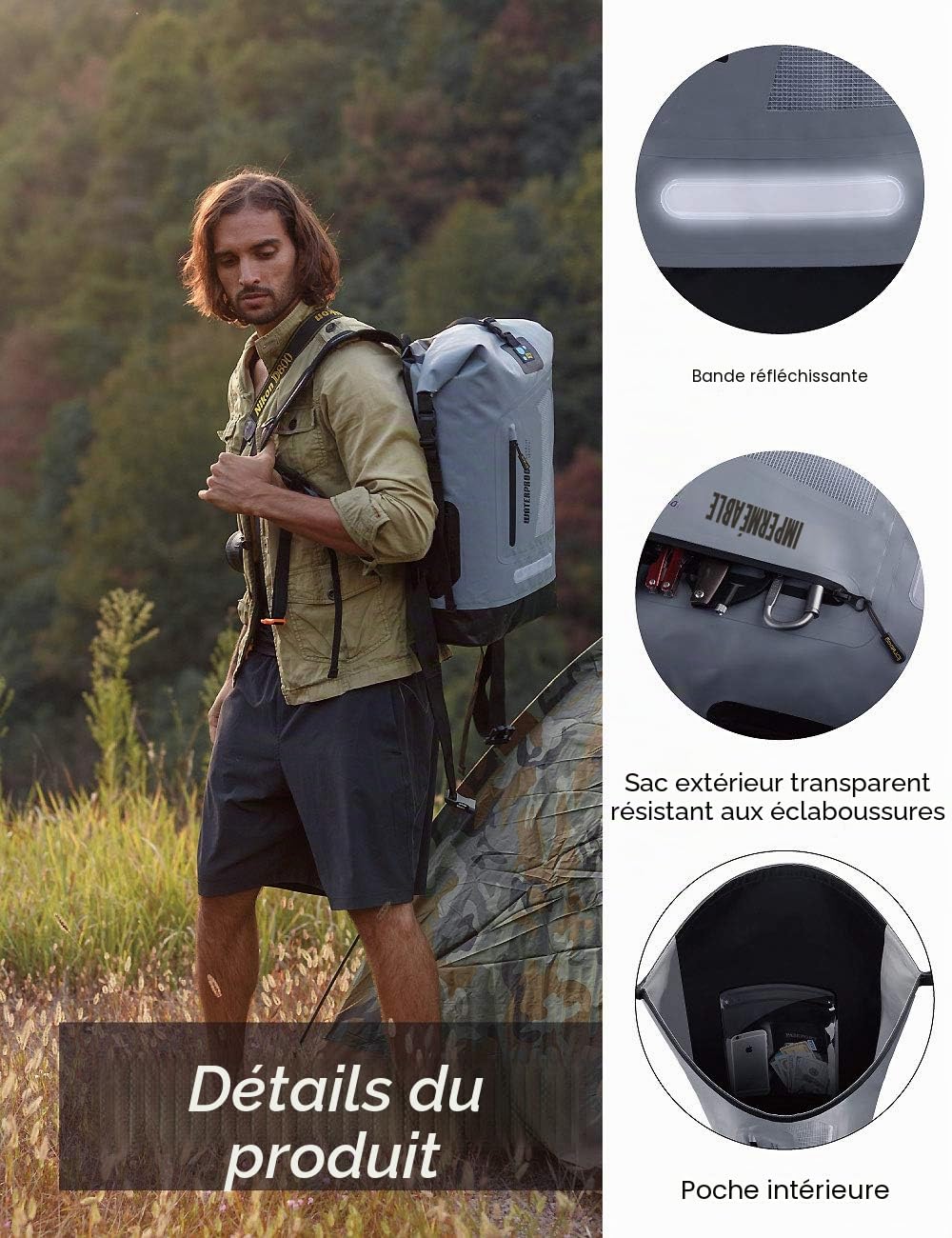 IDRYBAG Sac à dos étanche 20 L/30 L/40 L, sac à dos étanche flottant pour homme, sac étanche pour kayak