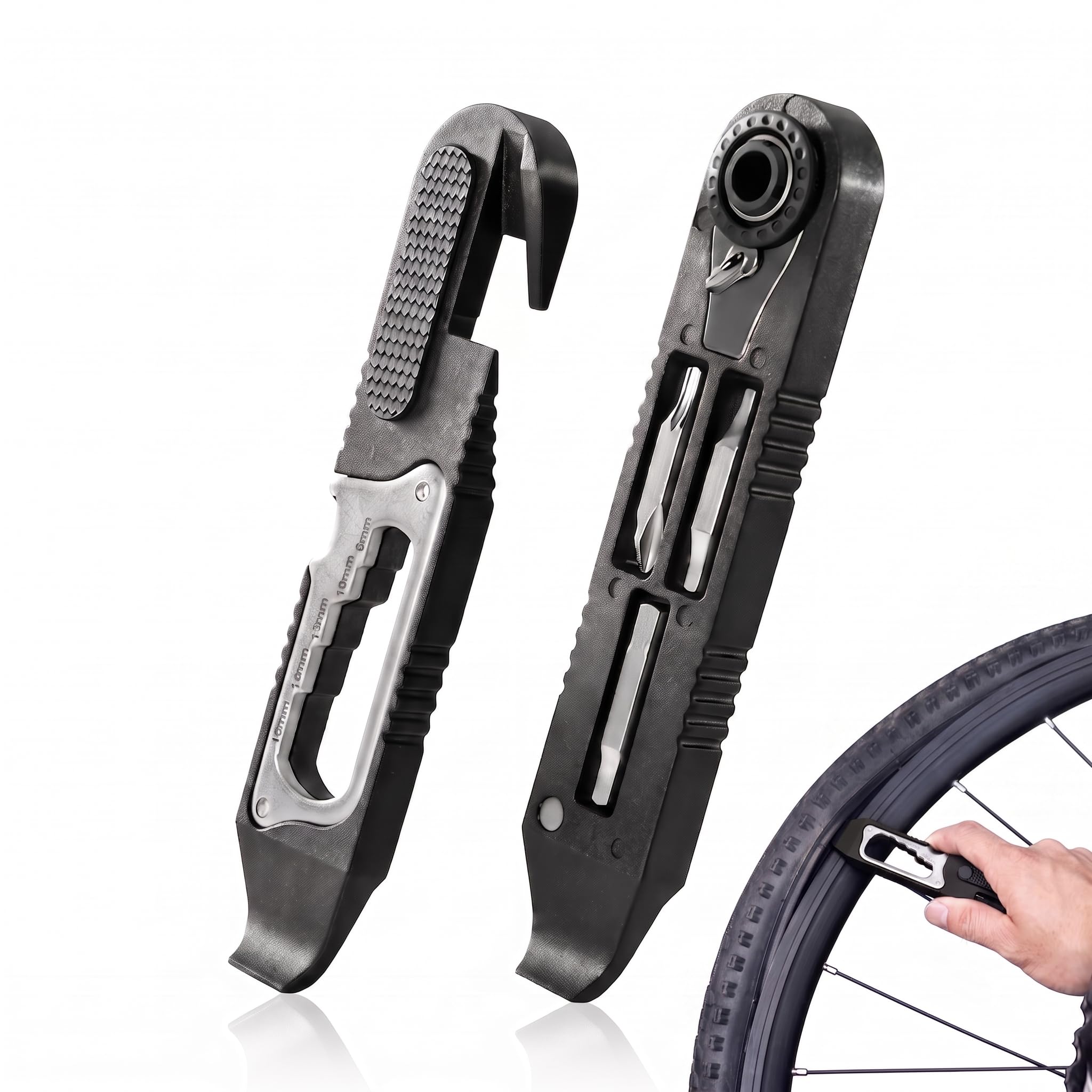 CWAGRQ 14-in-1 Bike Tire Levers Kit, Tyre Repair Multitool with Mini Ratchet & H3–H6 Hex, T25 Torx, PH2 Bit, Detachable Magnetic Design, Built-in 9–15mm Wrenches, File, Opener, for MTB, Road Bicycle