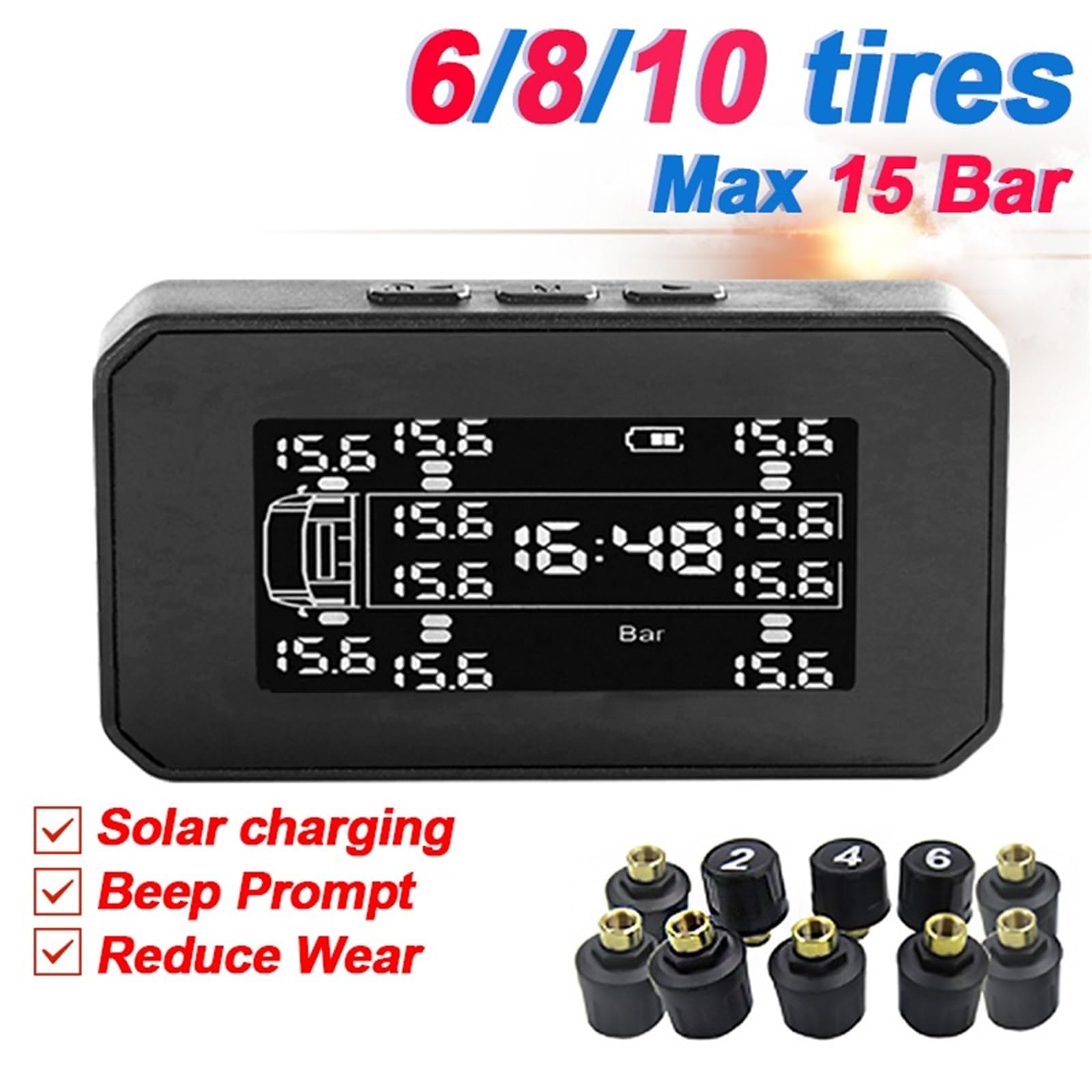 Medidor Digital de Presión de Neumáticos Sistema de monitoreo de presión de neumáticos TPMS para automóvil 6/8/10 sensores, Alarma de presión y Temperatura de neumáticos en Tiempo Real.