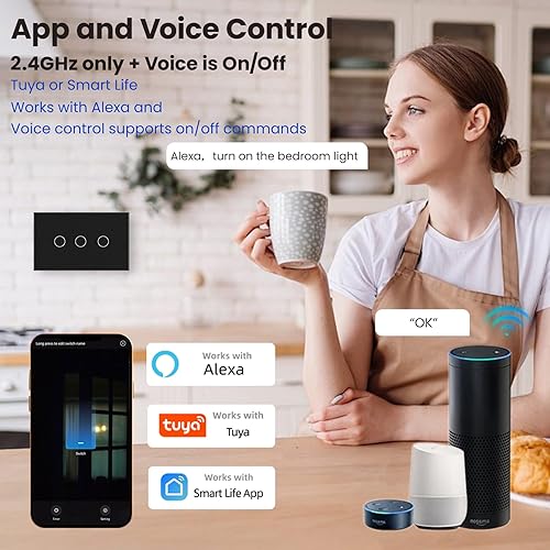 Miniatura 3 de Interruptor de luz inteligente 118X72X34MM, requiere cable neutro, WiFi de 2.4GHz, interruptor inteligente certificado FCC controlado por