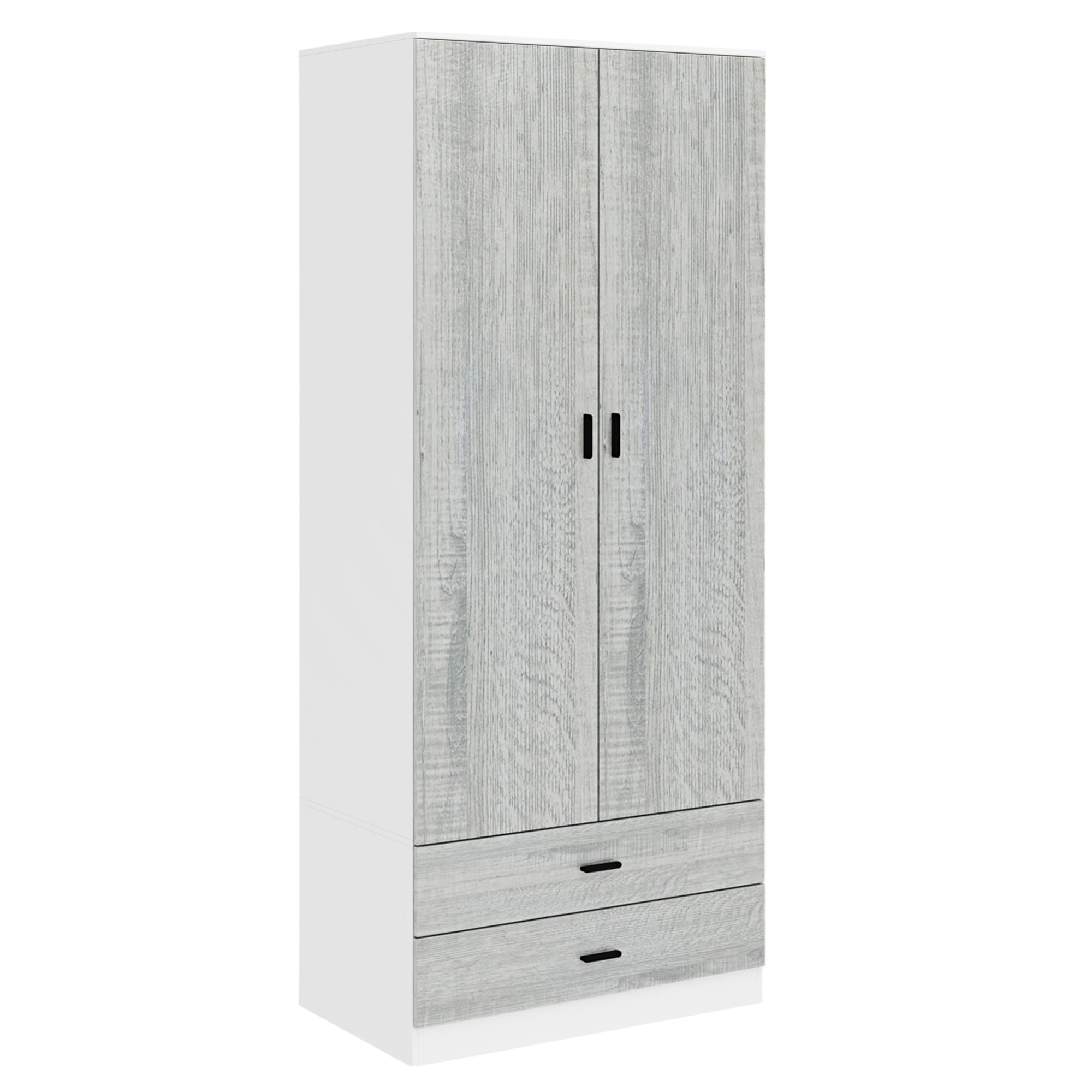 URBNLIVING Tall 2 Door Bedroom Wardrobe With 2 Drawers (White Carcass + Ash Grey)